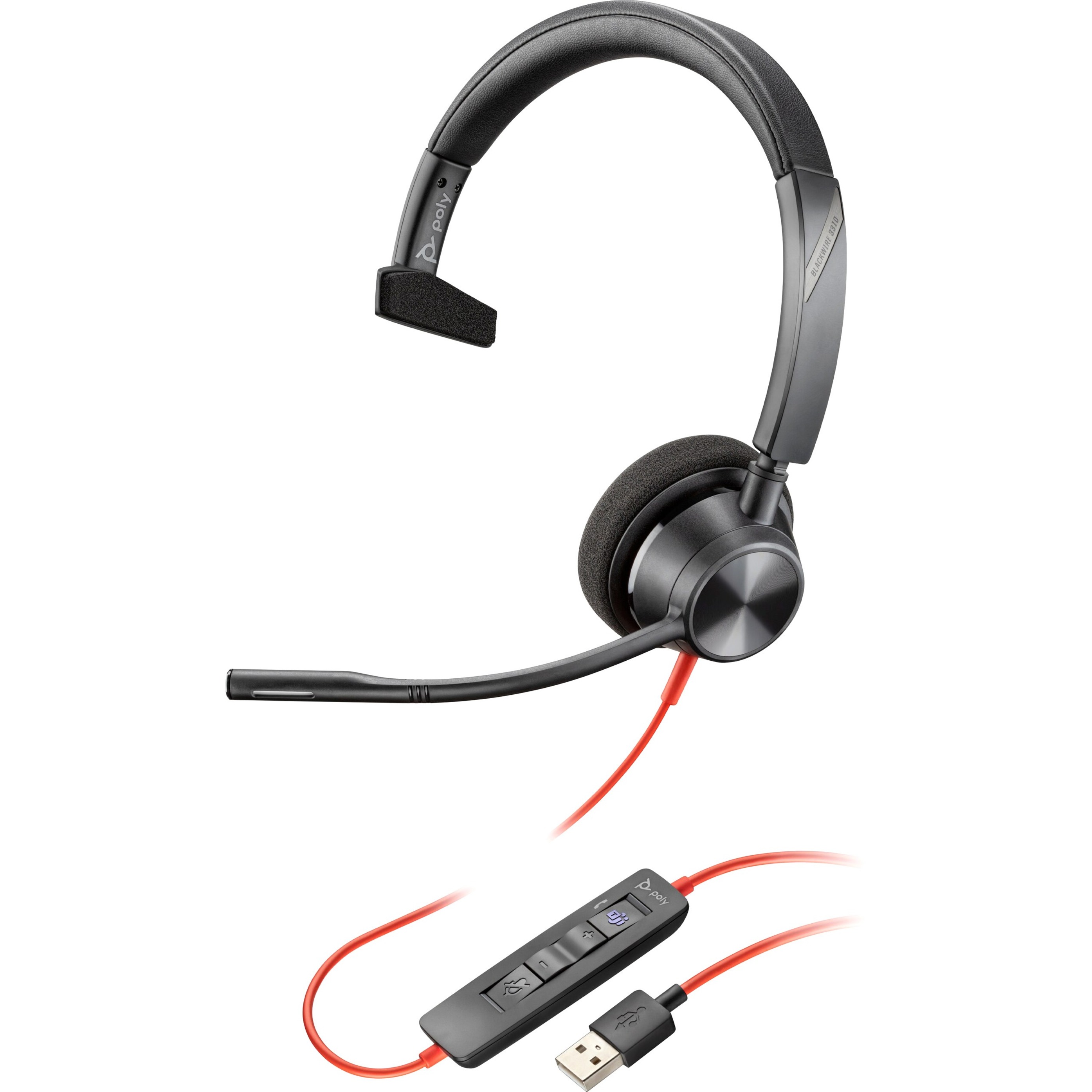 Poly Blackwire 3310 USB-A Headset - Mono - USB Type A, Mini-phone (3.5mm) - Wired - 32 Ohm - 20 Hz to 20 kHz - On-ear, Over-the-head - Monaural - Supra-aural - 7.15 ft Cable - Omni-directional Microphone - Noise Canceling - Black