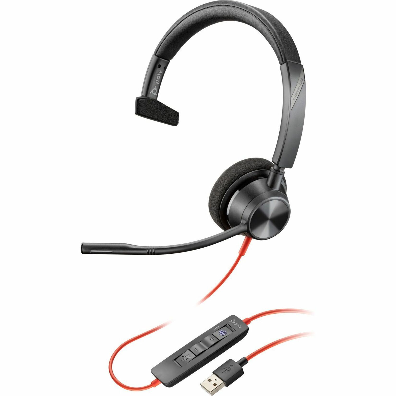 Poly Blackwire 3310 Microsoft Teams Certified USB-A Headset - Microsoft Teams Certification - Mono - USB Type A, Mini-phone (3.5mm) - Wired - 32 Ohm - 20 Hz to 20 kHz - On-ear, Over-the-head - Monaural - Supra-aural - 7.15 ft Cable - Omni-directional, Uni-directional Microphone - Noise Canceling - Black