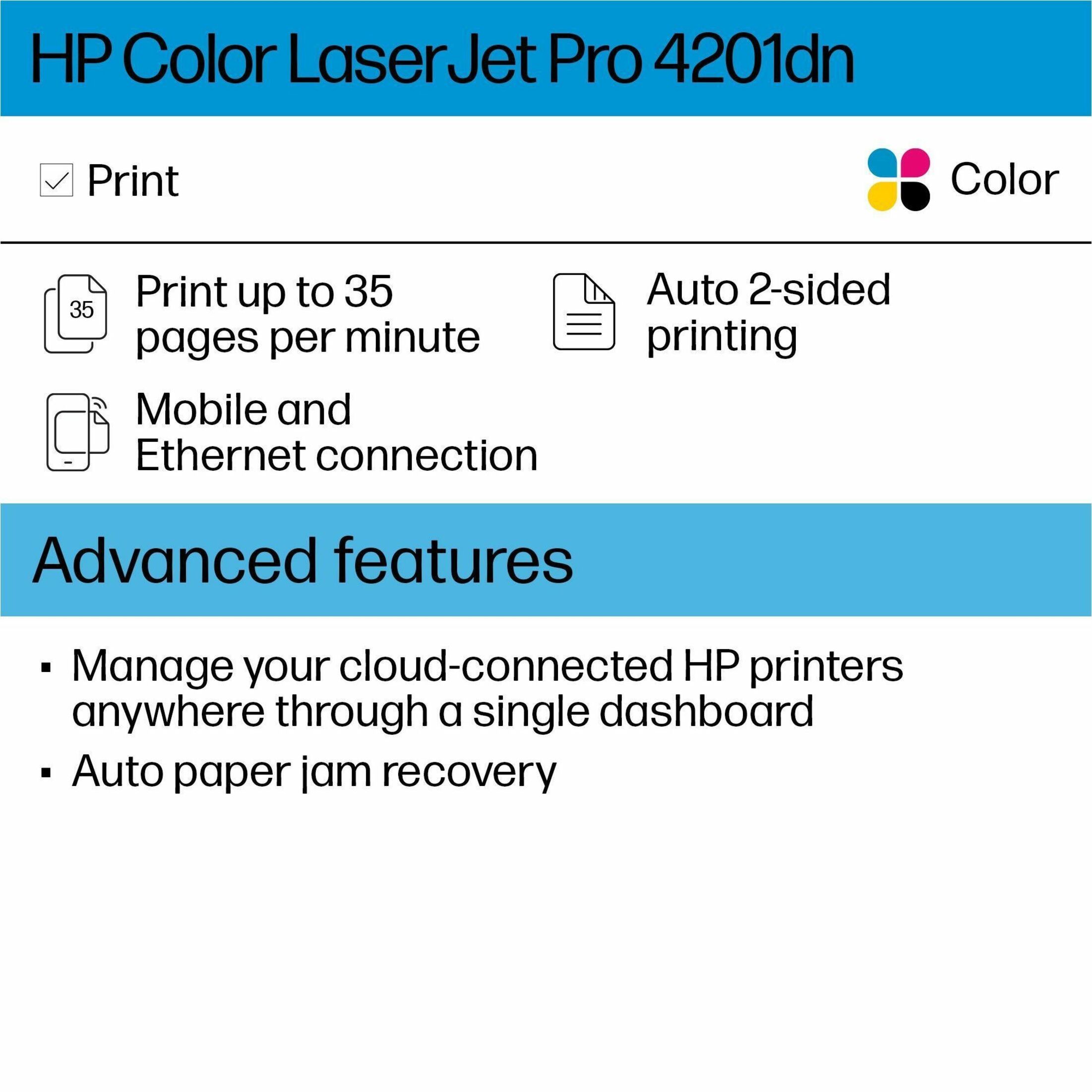 HP LaserJet Pro 4200 4201dn Desktop Wired Laser Printer - Color - 40 ppm Mono / 40 ppm Color - Automatic Duplex Print - 300 Sheets Input - Ethernet - HP Smart App, Apple AirPrint, Mopria - 50000 Pages Duty Cycle - Plain Paper Print - Gigabit Ethernet - USB — alternate image6