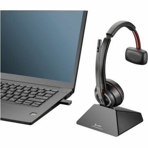 Poly Savi 8210 UC DECT 1920-1930 MHz USB-A Headset - Mono - Wireless - Bluetooth/DECT - 590.6 ft - 20 Hz - 20 kHz - On-ear, Over-the-head - Monaural - Ear-cup - Noise Cancelling, Omni-directional Microphone - Noise Canceling - Black — alternate image2