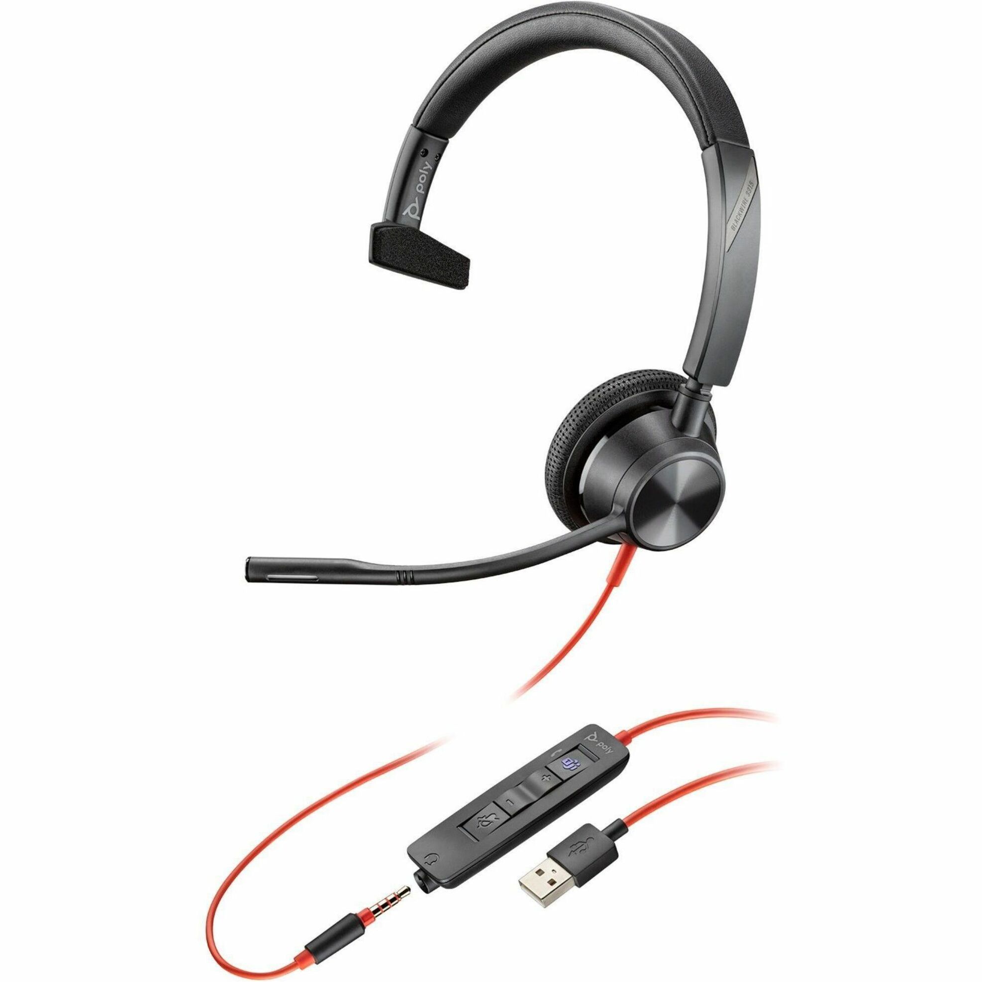 Poly Blackwire 3315 Microsoft Teams Certified USB-A Headset - Microsoft Teams Certification - Mono - USB Type A, Mini-phone (3.5mm) - Wired - 32 Ohm - On-ear, Over-the-head - Monaural - Supra-aural - 7.05 ft Cable - Omni-directional Microphone - Noise Canceling - Black — alternate image1