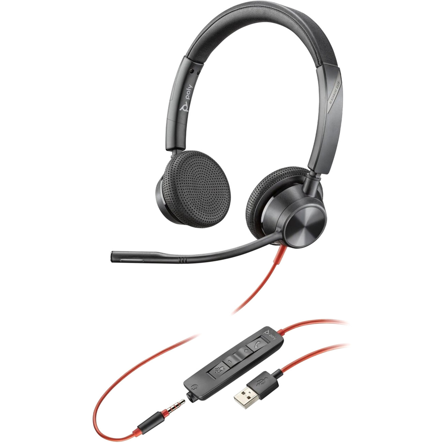 Poly Blackwire 3325 USB-A Headset - Stereo - Mini-phone (3.5mm), USB Type A - Wired - 32 Ohm - 20 Hz to 20 kHz - On-ear, Over-the-head - Binaural - Supra-aural - 7.05 ft Cable - Omni-directional Microphone - Black