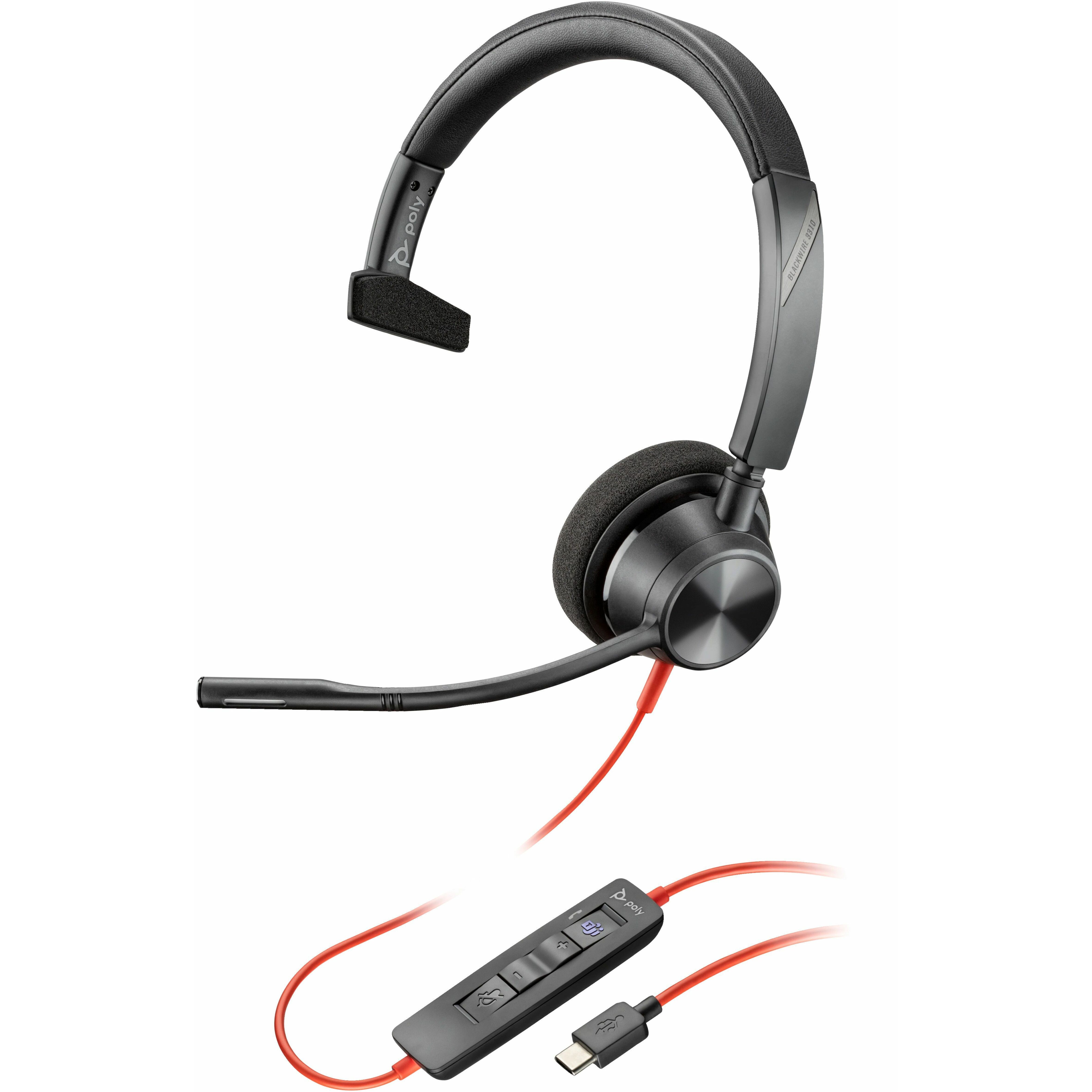 Poly Blackwire 3310 Microsoft Teams Certified Headset +USB-C/A Adapter TAA - Mono - USB Type C, Mini-phone (3.5mm) - Wired - 32 Ohm - 20 Hz to 20 kHz - On-ear - Monaural - Ear-cup - 7.10 ft Cable - Omni-directional Microphone - Black