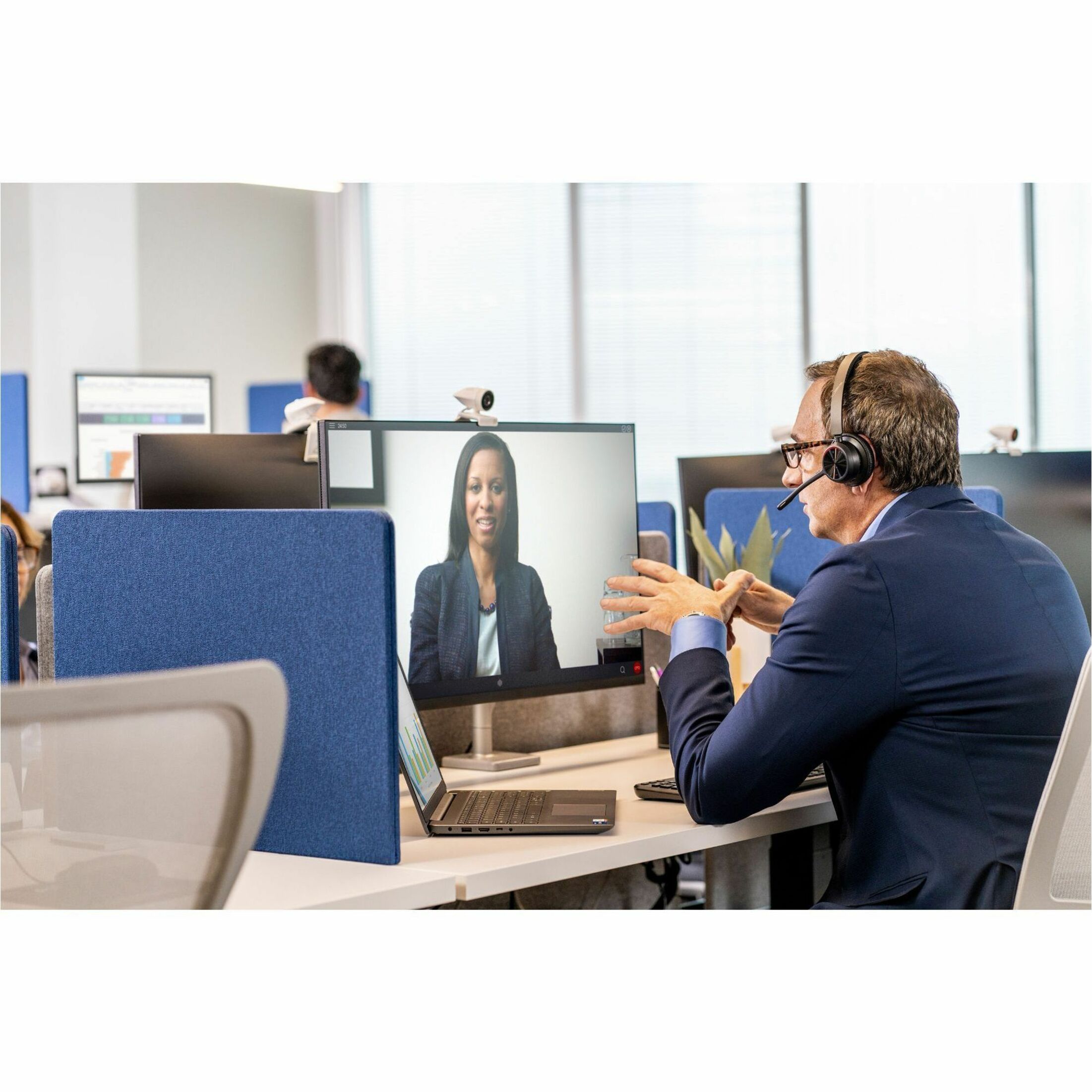 Poly Voyager 4320-M Microsoft Teams Certified Headset + BT700 Dongle + Charging Stand - Microsoft Teams Certification - Google Assistant, Siri - Stereo - USB Type C - Wired/Wireless - Bluetooth - 298.6 ft - 20 Hz to 20 kHz - On-ear, Over-the-head - Binaural - Supra-aural - 4.92 ft Cable - MEMS Technology, Electret Condenser Microphone - Noise Canceling - Black — life style