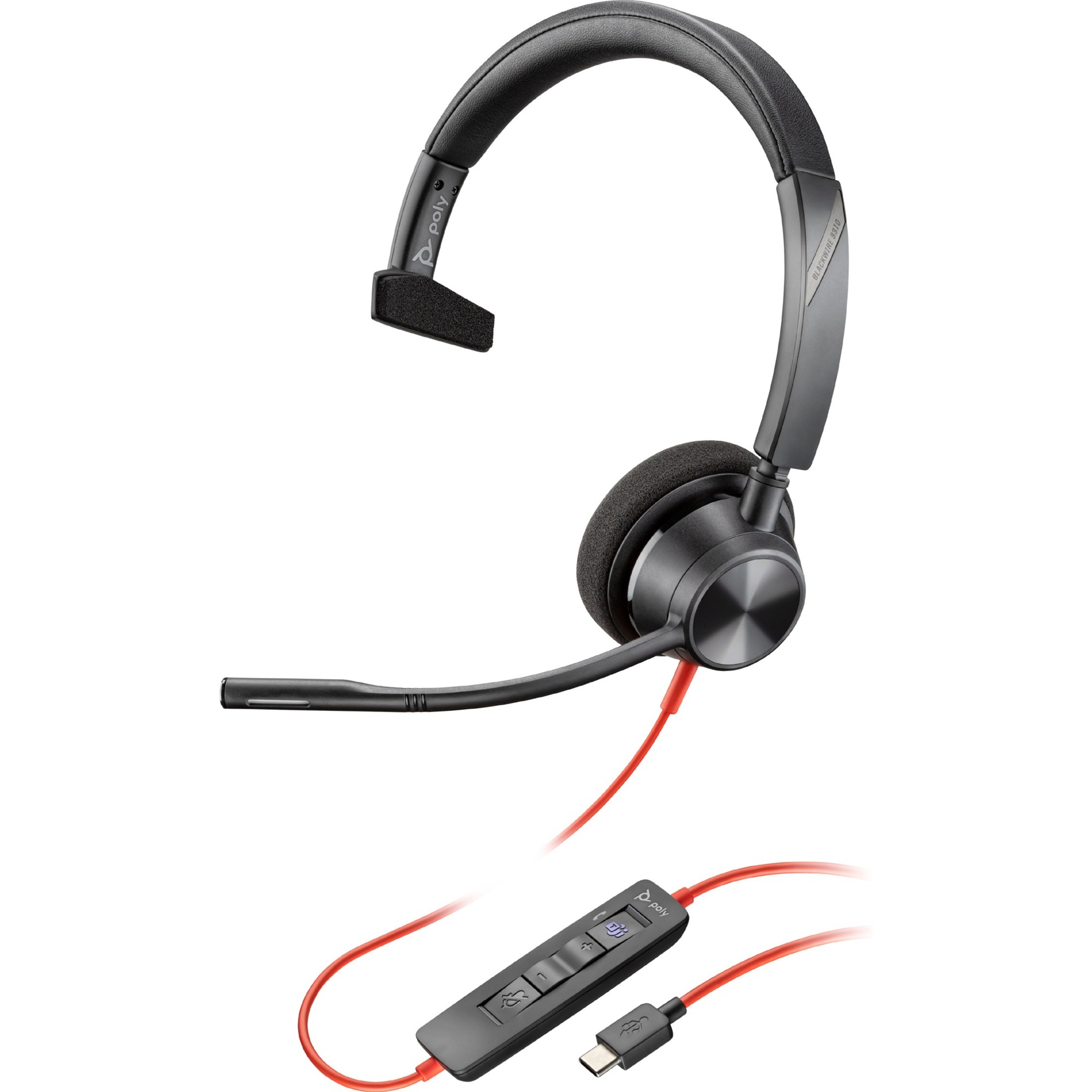 Poly Blackwire 3310 USB-C Headset - Mono - USB Type C - Wired - 32 Ohm - 80 Hz to 20 kHz - On-ear - Monaural - Open - 7.05 ft Cable - Omni-directional Microphone - Black