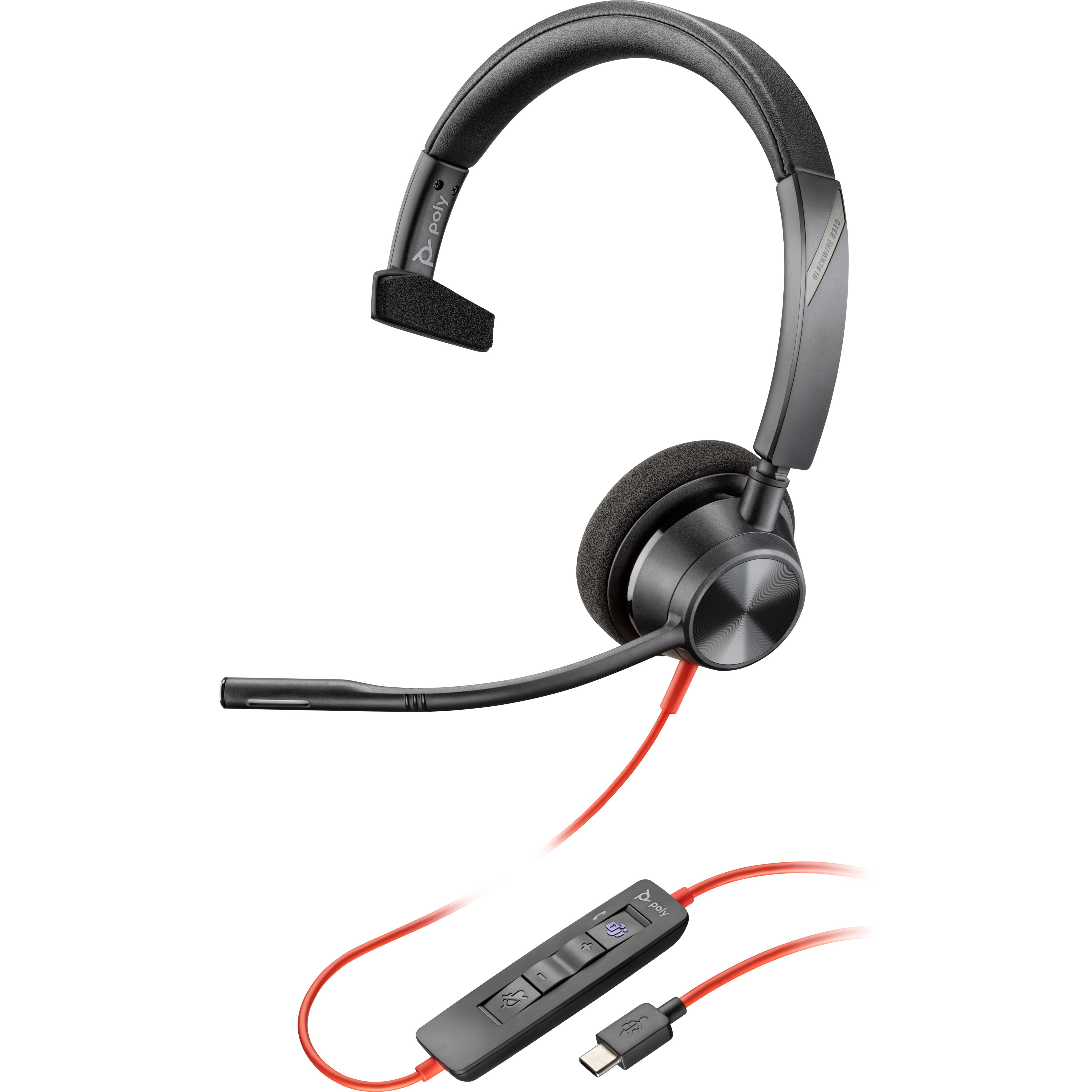 Poly Blackwire 3310 USB-C Headset - Mono - USB Type C - Wired - 32 Ohm - 80 Hz to 20 kHz - On-ear - Monaural - Open - 7.05 ft Cable - Omni-directional Microphone - Black
