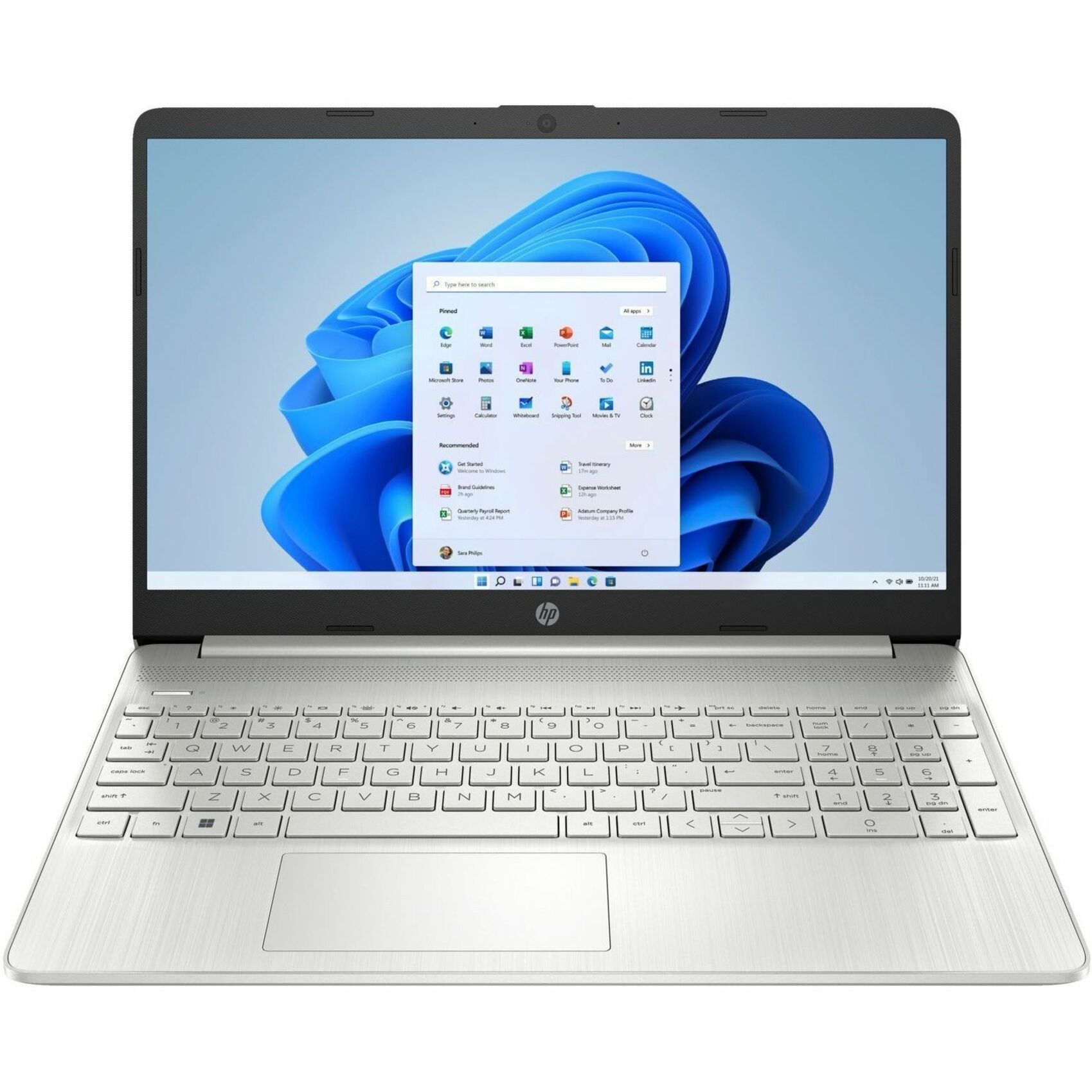 HP 15.6" Notebook - HD - 1366 x 768 - (Intel Core i7 12th Gen i7-1255U Deca-core (10 Core) - 8 GB Total RAM - 512 GB SSD - Natural Silver - Intel Chip - 1366 x 768 - Windows 11 Home Single Language - Intel Iris Xe Graphics - BrightView - Front Camera/Webcam - 10.75 Hours Battery Run Time - IEEE 802.11ac Wireless LAN Standard — front