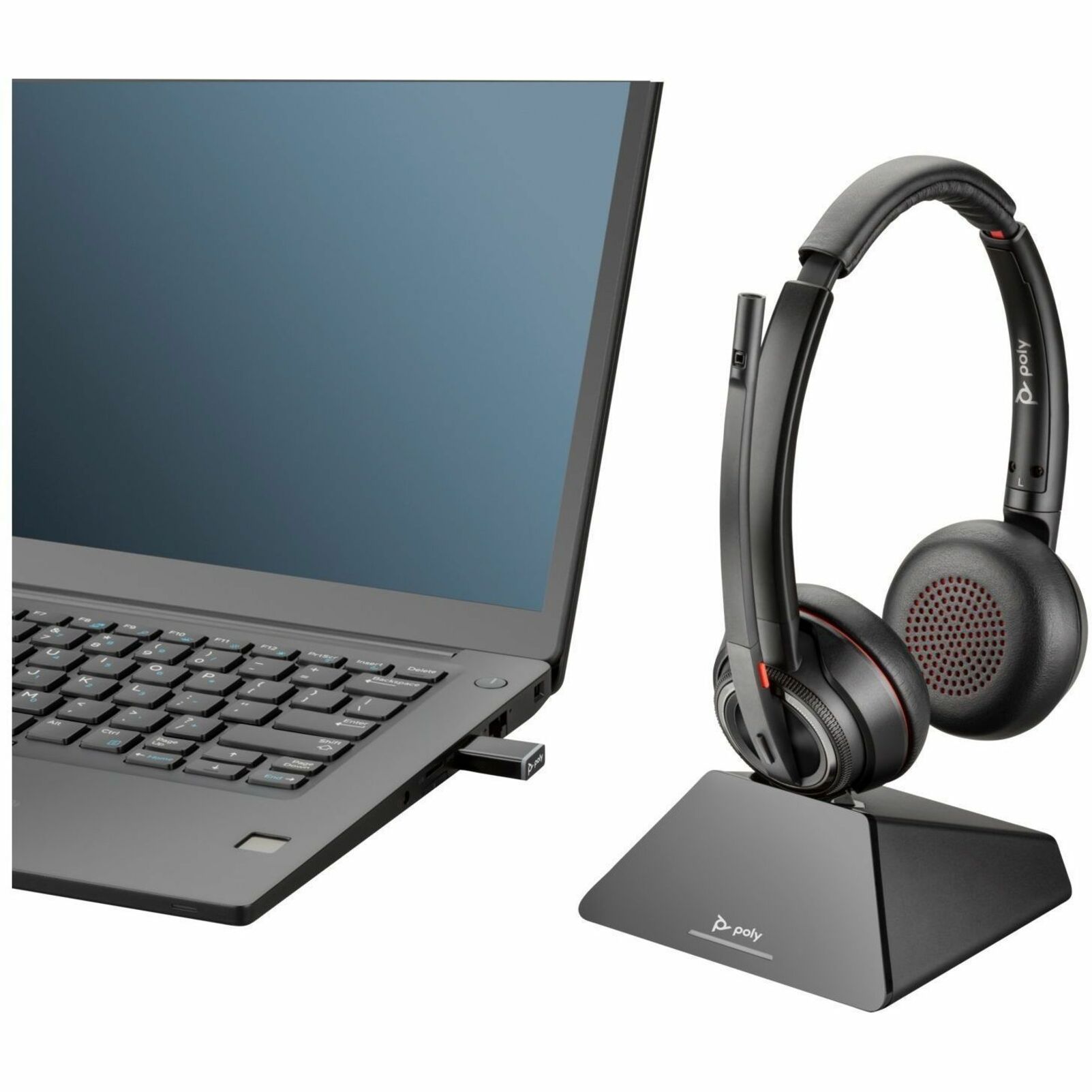 Poly Savi 8220 UC Microsoft Teams Certified DECT 1920-1930 MHz USB-A Headset - Stereo - Wireless - Bluetooth/DECT - 590.6 ft - 20 Hz to 20 kHz - On-ear, Over-the-head - Binaural - Ear-cup - Omni-directional, Noise Cancelling Microphone - Noise Canceling - Black — alternate image2