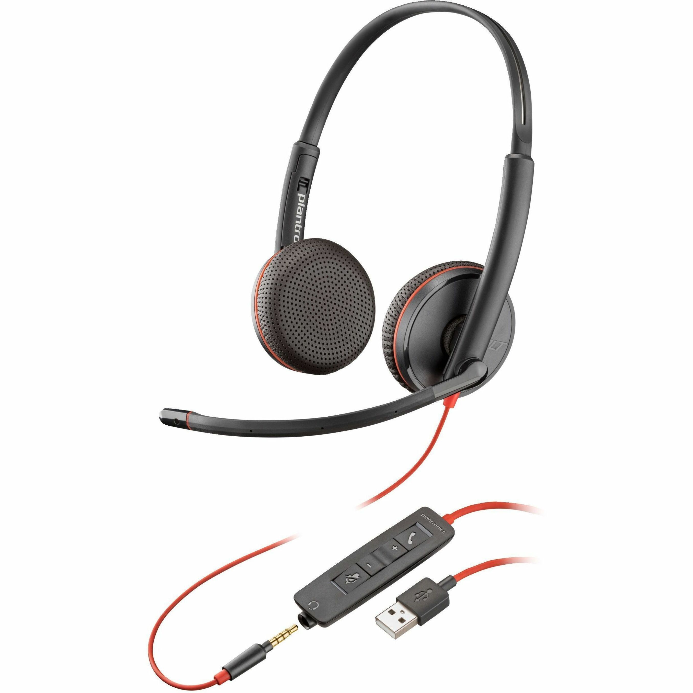 Poly Blackwire 3225 Stereo USB-A Headset - Stereo - Mini-phone (3.5mm), USB Type C - Wired - 32 Ohm - 20 Hz to 20 kHz - On-ear, Over-the-head - Binaural - Supra-aural - 7.45 ft Cable - Noise Cancelling Microphone - Noise Canceling - Black