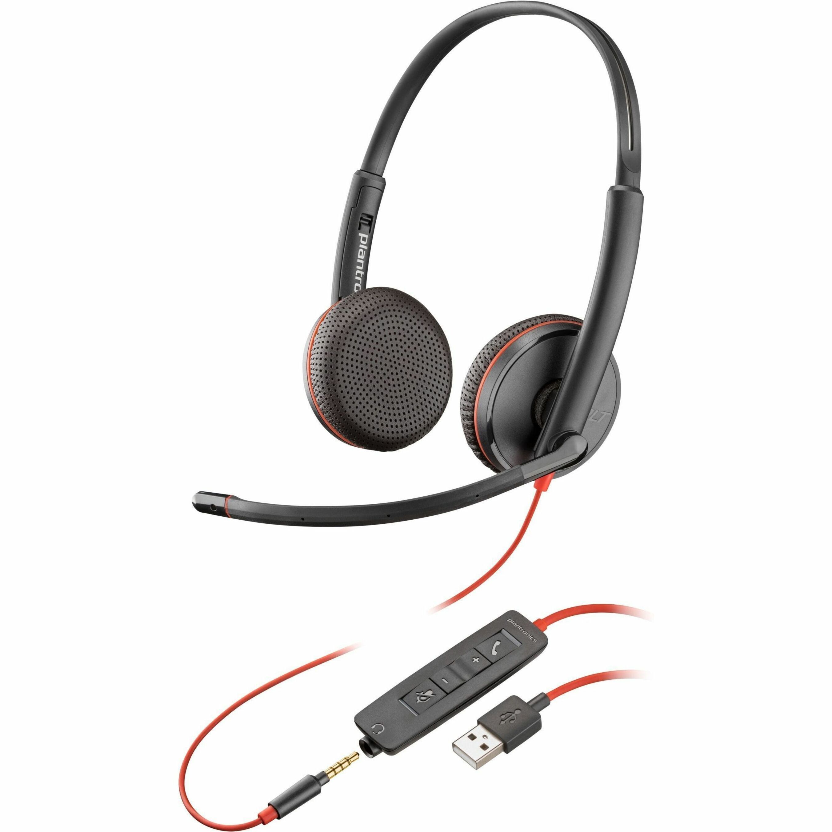 Poly Blackwire 3225 Stereo USB-A Headset (Bulk) - Stereo - Mini-phone (3.5mm), USB Type A, USB Type C - Wired - 32 Ohm - 20 Hz to 20 kHz - Over-the-head, Over-the-ear - Binaural - Supra-aural - 7.40 ft Cable - Noise Cancelling Microphone - Black