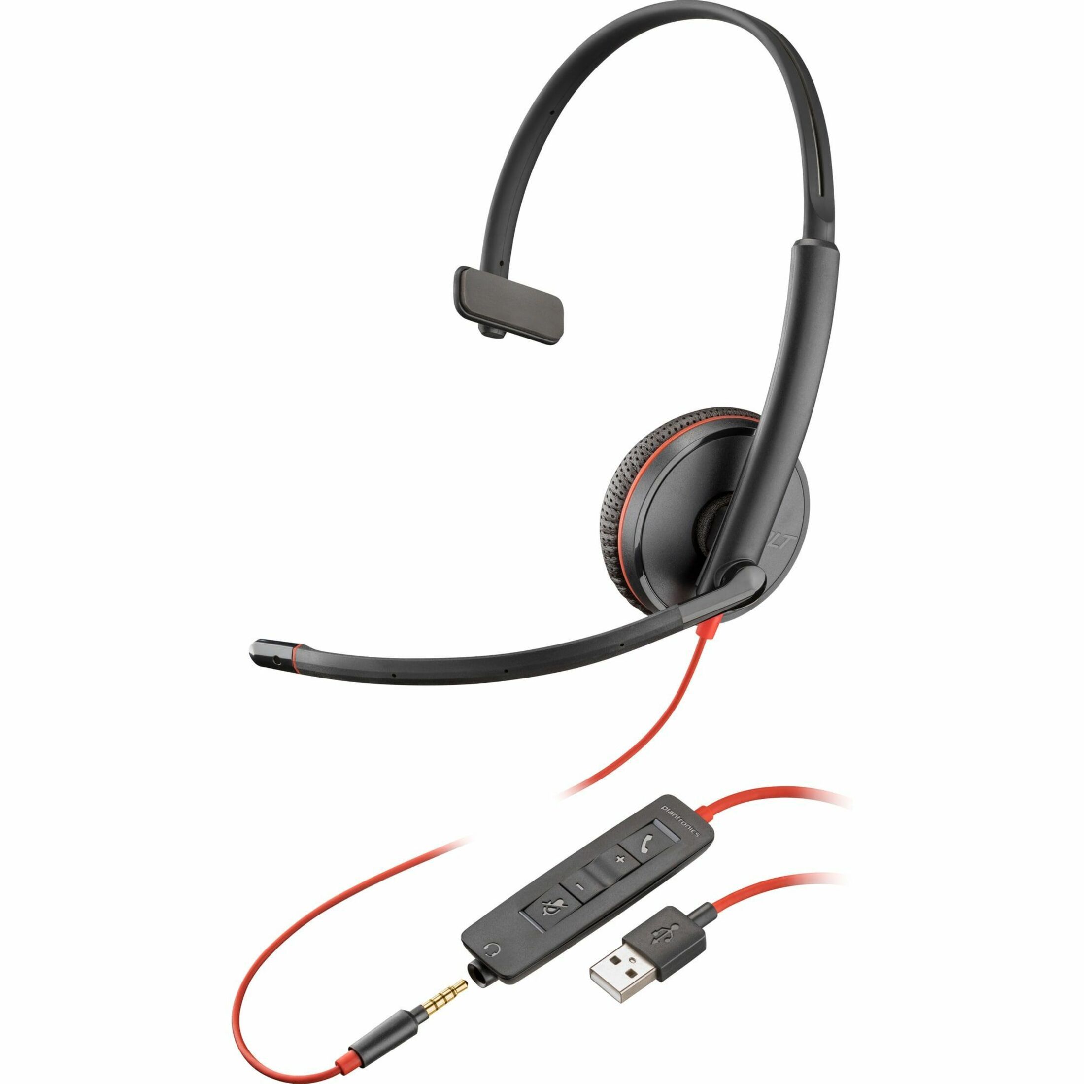 Poly Blackwire 3215 Monaural USB-A Headset (Bulk) - Mono - Mini-phone (3.5mm), USB Type A, USB Type C - Wired - 32 Ohm - 20 Hz to 20 kHz - Over-the-head, Over-the-ear - Monaural - Supra-aural - 7.40 ft Cable - Noise Cancelling Microphone - Black