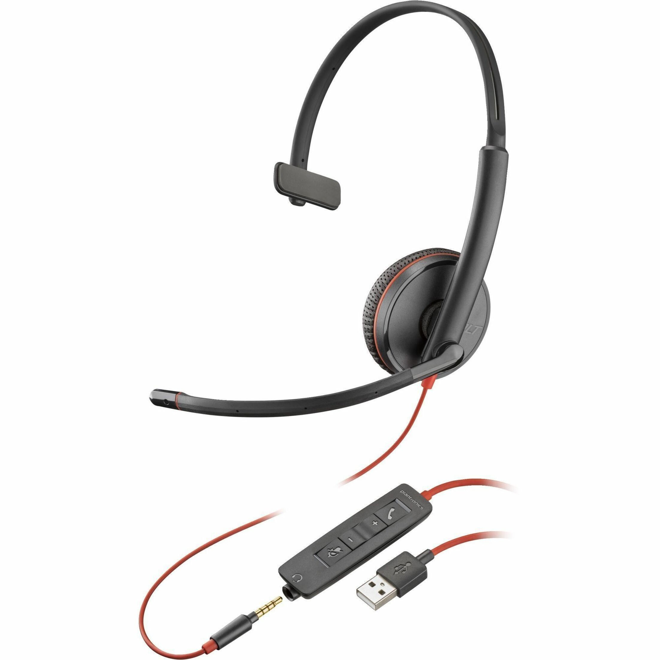 Poly Blackwire 3215 Monaural USB-A Headset - Mono - Mini-phone (3.5mm), USB Type A - Wired - 32 Ohm - 20 Hz to 20 kHz - On-ear, Over-the-head - Monaural - Supra-aural - 7.45 ft Cable - Noise Cancelling Microphone - Noise Canceling - Black