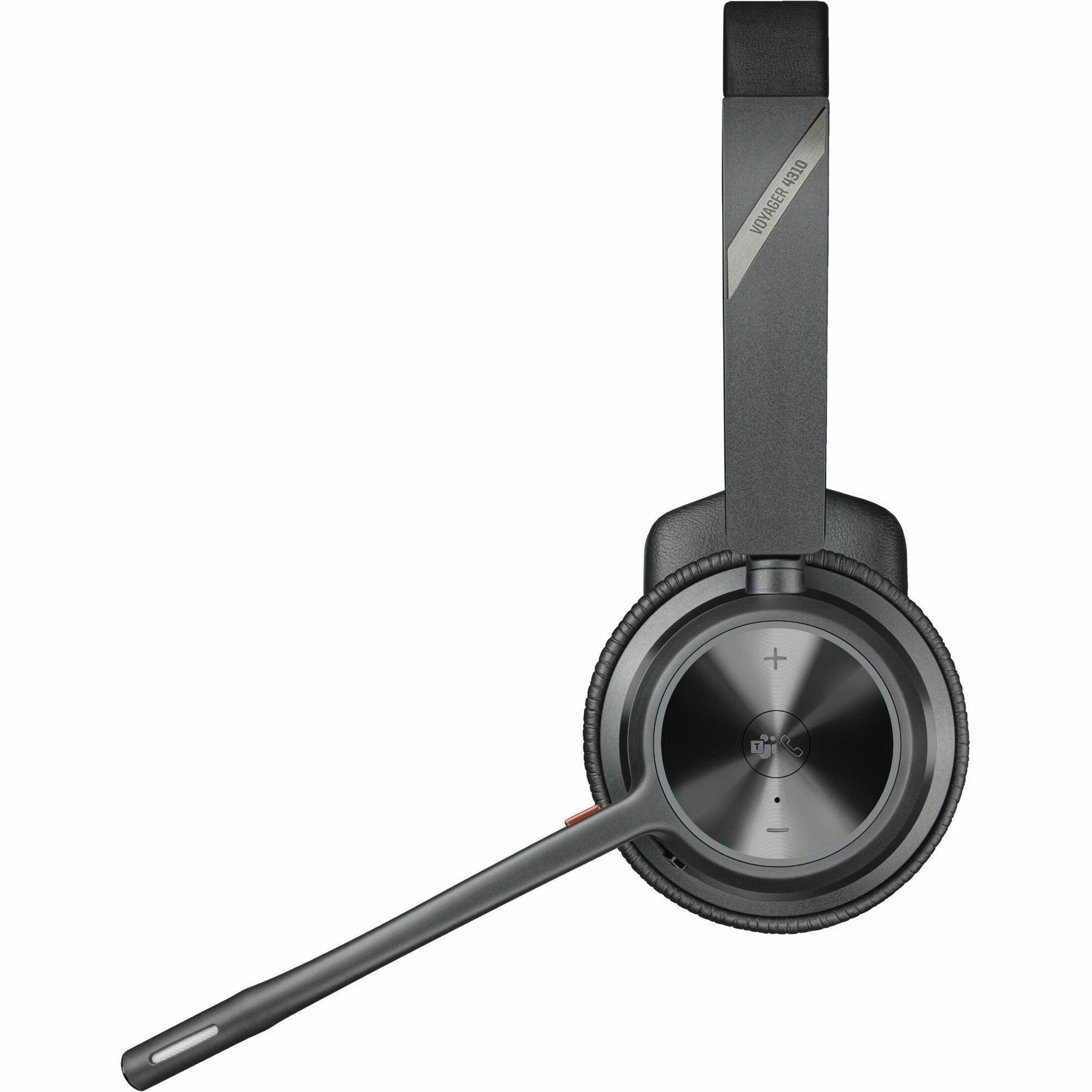 Poly Voyager 4300 UC 4310-M Headset - Microsoft Teams Certification - Siri, Google Assistant - Mono - Wireless - Bluetooth - 298.6 ft - 20 Hz to 20 kHz - Over-the-head, On-ear - Monaural - Ear-cup - 4.92 ft Cable - Electret Condenser, MEMS Technology, Noise Cancelling Microphone - Noise Canceling - Black — left