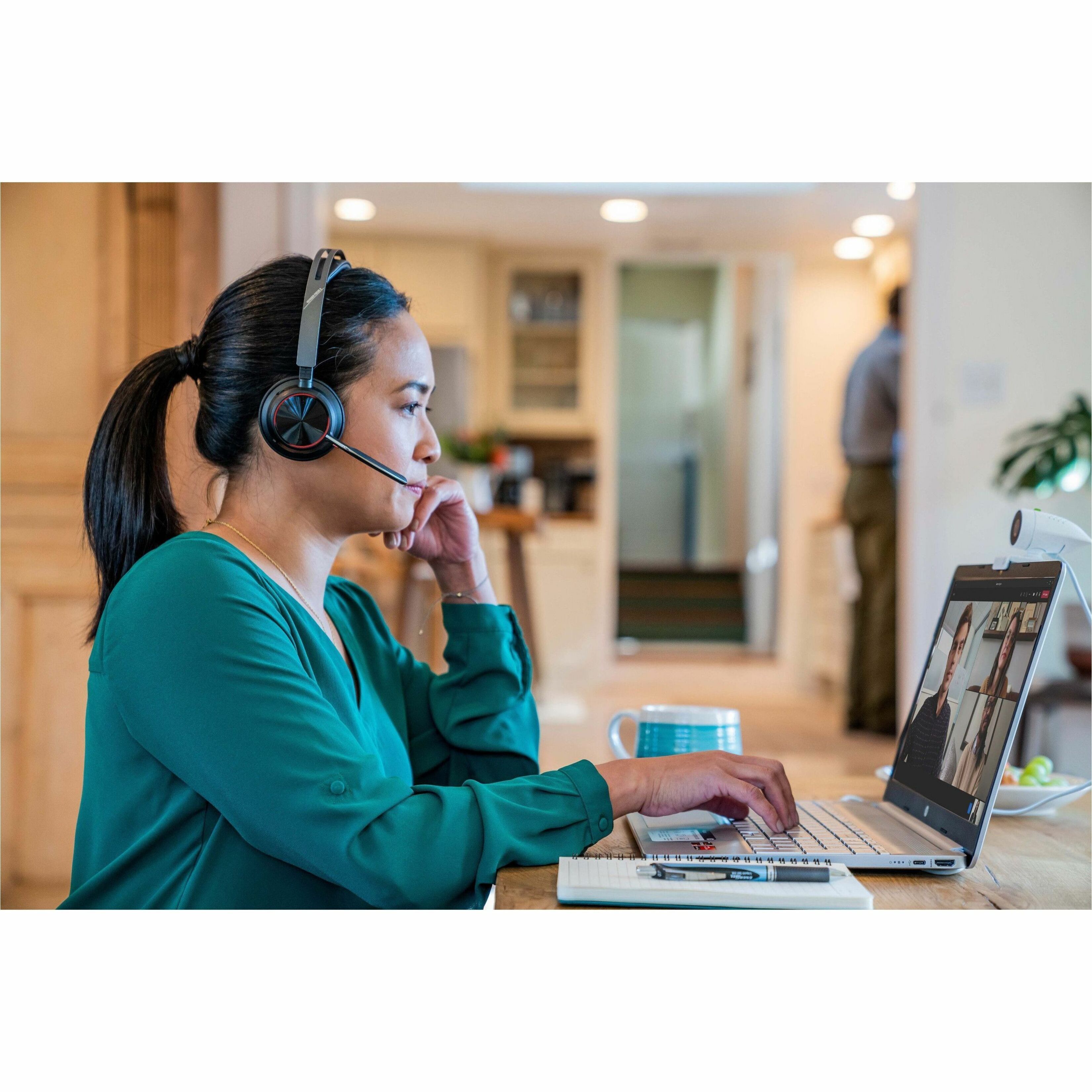 Poly Voyager Focus 2 USB-C Headset TAA - Google Assistant, Siri - Stereo - USB Type C - Wireless - Bluetooth - 164 ft - On-ear, Over-the-head - Binaural - Supra-aural - MEMS Technology, Electret Condenser, Discreet, Noise Cancelling Microphone - Noise Canceling - Black - TAA Compliant — life style