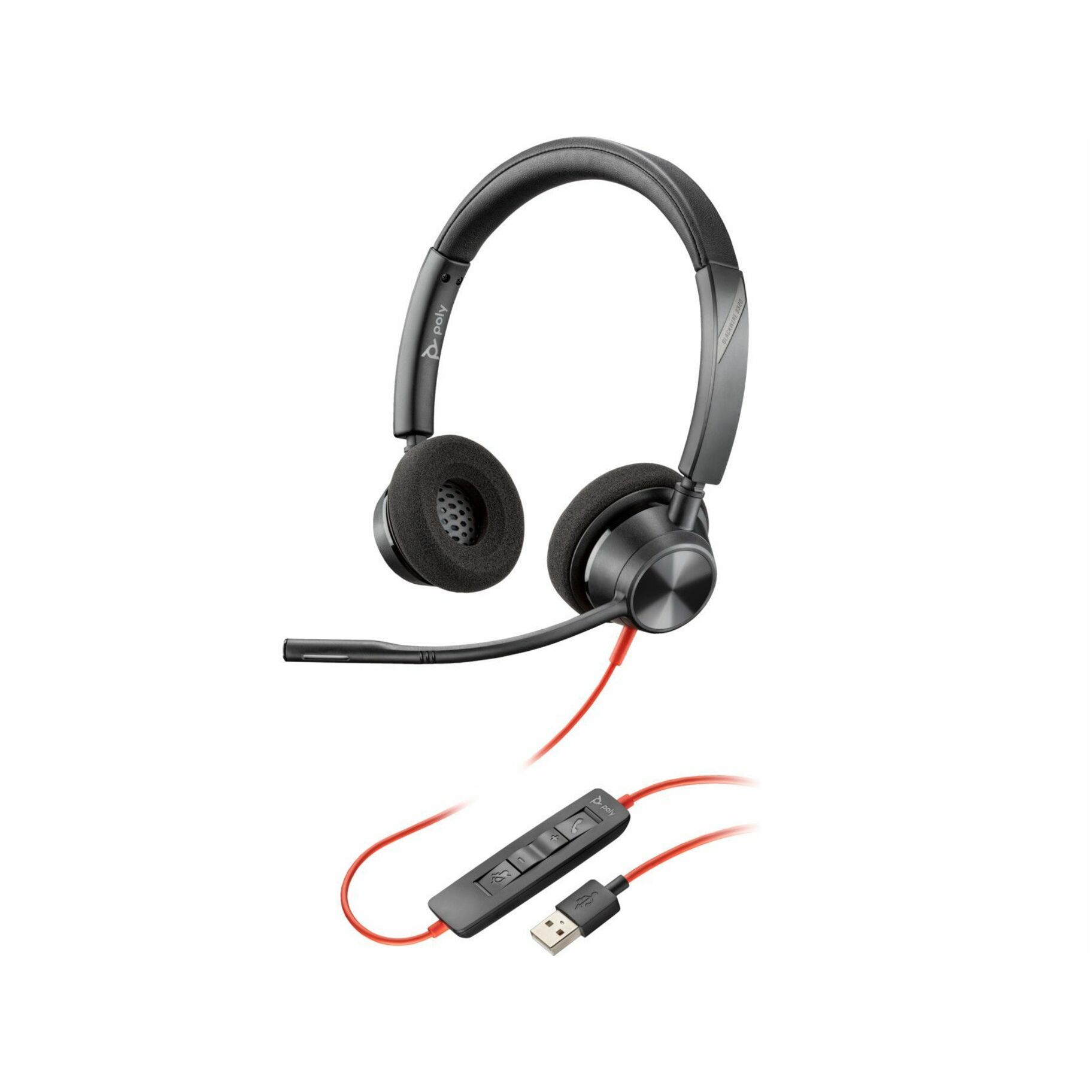 Poly Blackwire 3320 USB-A Headset TAA - Stereo - Mini-phone (3.5mm), USB Type A - Wired - 32 Ohm - 20 Hz to 20 kHz - On-ear - Binaural - Ear-cup - 7.10 ft Cable - Omni-directional Microphone - Noise Canceling - Black - TAA Compliant