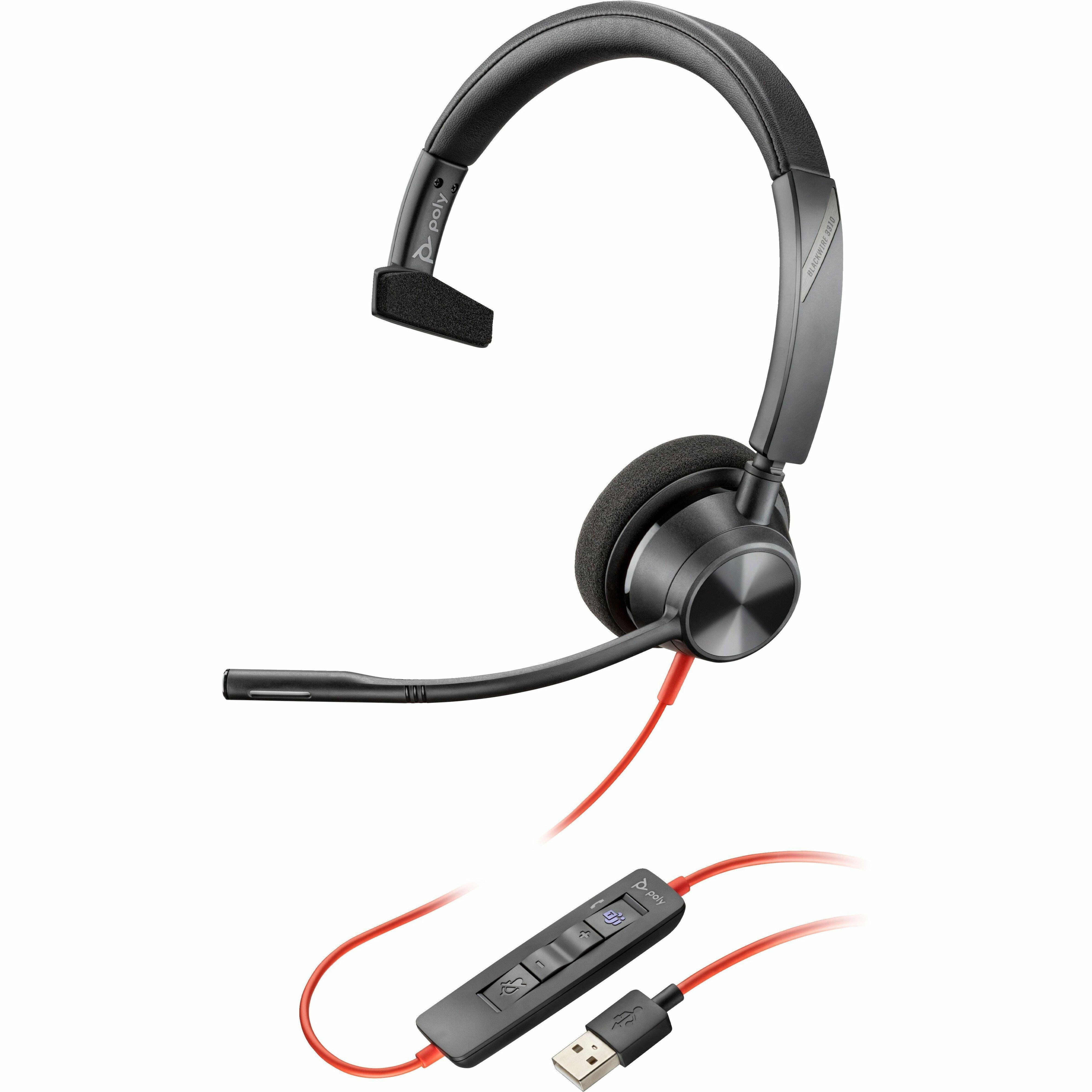 Poly Blackwire 3310 USB-A Headset TAA - Mono - USB Type A, Mini-phone (3.5mm) - Wired - 32 Ohm - 20 Hz to 20 kHz - Over-the-head - Monaural - Ear-cup - 7.15 ft Cable - Noise Cancelling MicrophoneTAA Compliant