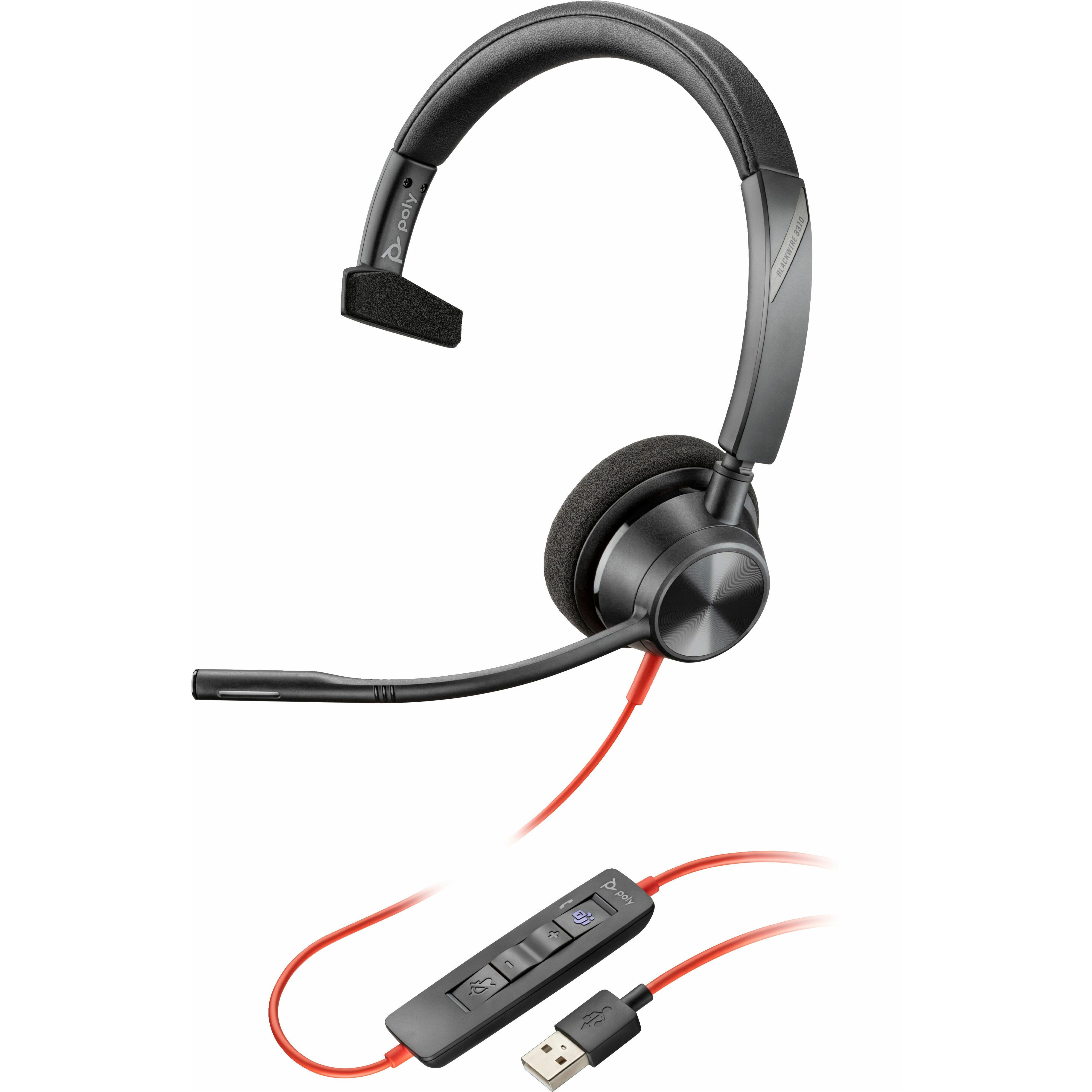 Poly Blackwire 3310 USB-A Headset TAA - Mono - USB Type A, Mini-phone (3.5mm) - Wired - 32 Ohm - 20 Hz to 20 kHz - Over-the-head - Monaural - Ear-cup - 7.15 ft Cable - Noise Cancelling MicrophoneTAA Compliant