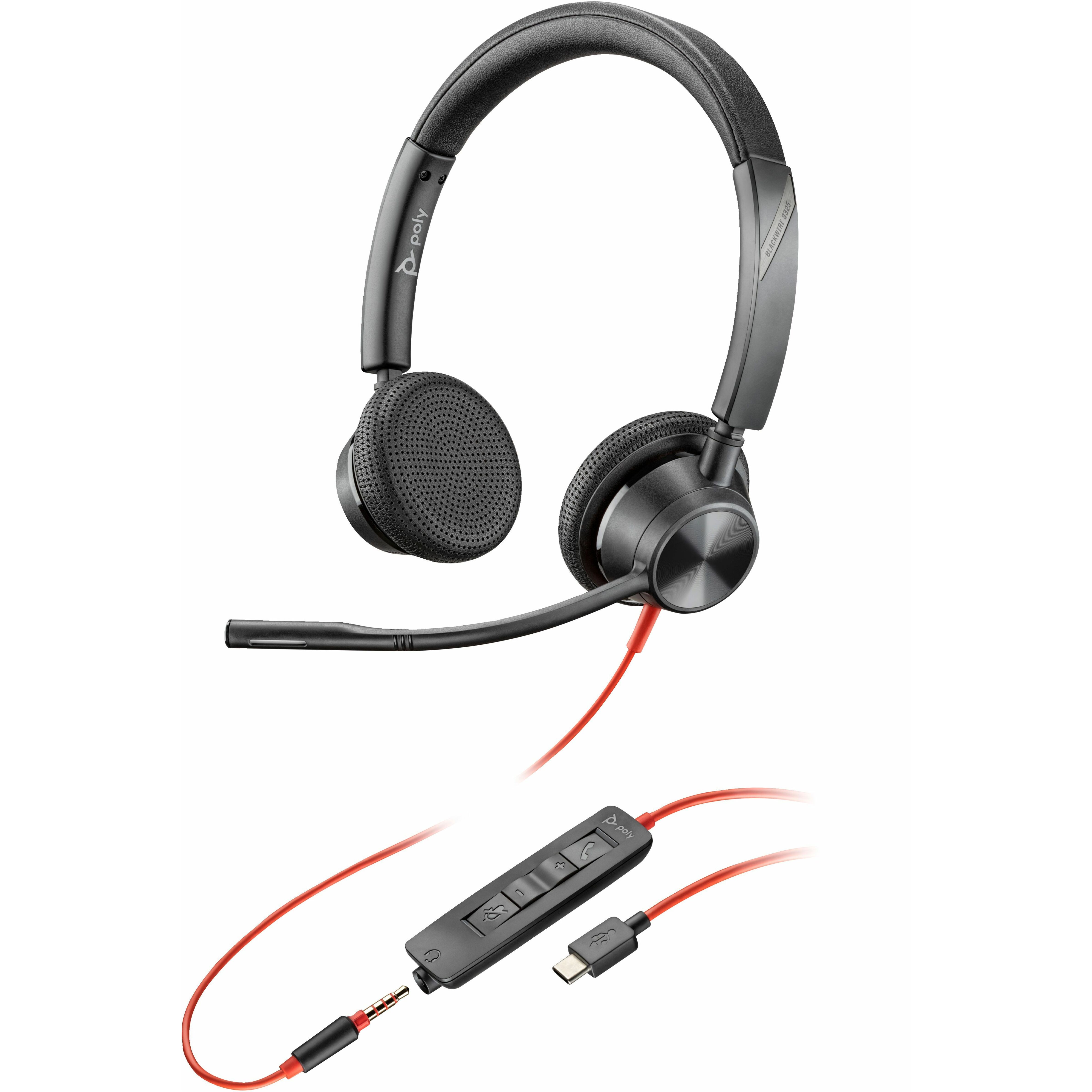 Poly Blackwire 3325 Headset +USB-C/A Adapter TAA - Microsoft Teams Certification - Stereo - Mini-phone (3.5mm), USB Type C - Wired - 32 Ohm - 20 Hz to 20 kHz - On-ear - Binaural - Ear-cup - 7 ft Cable - Omni-directional Microphone - Noise Canceling - Black - TAA Compliant