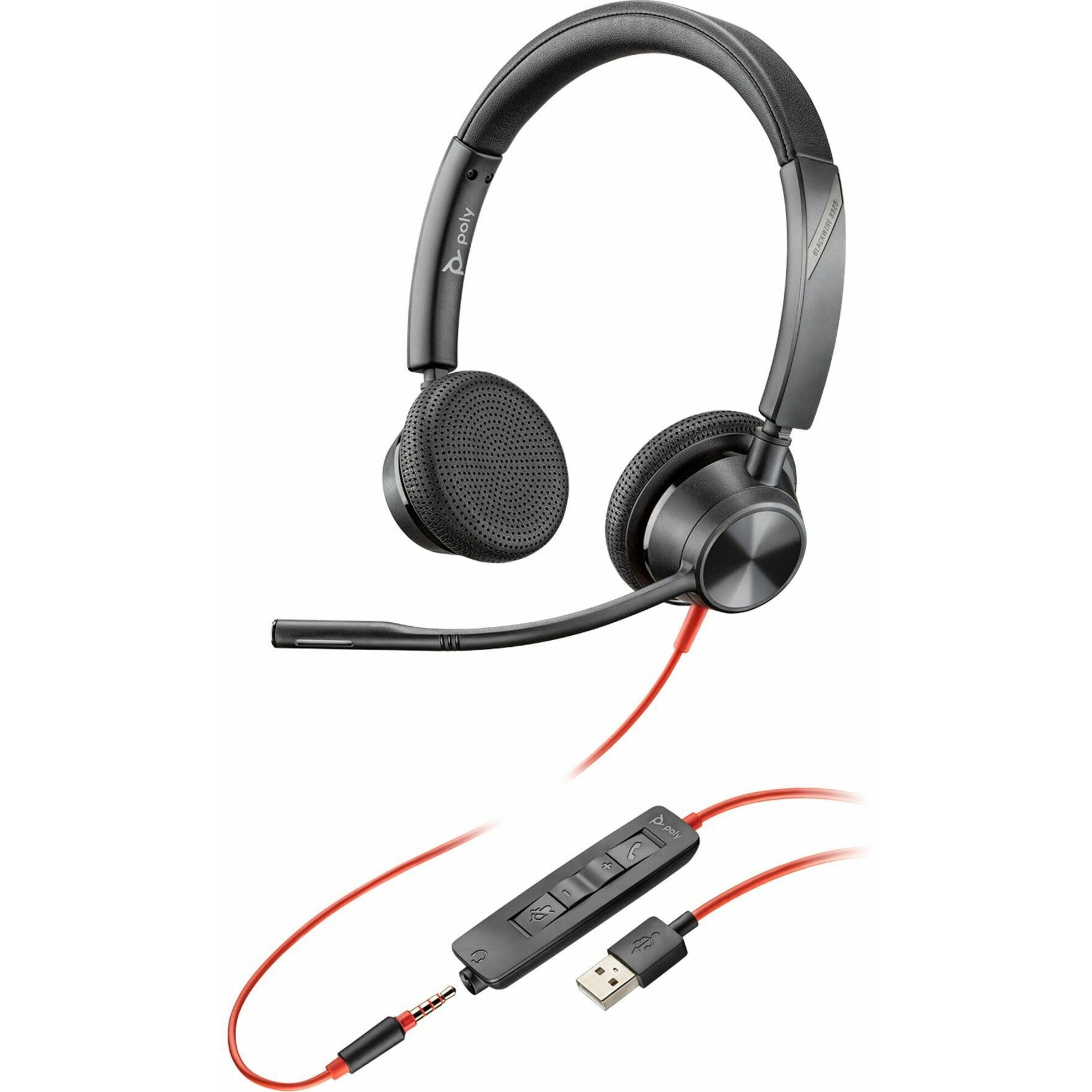 Poly Blackwire 3325 USB-A Headset TAA - Microsoft Teams Certification - Stereo - Mini-phone (3.5mm), USB Type A - Wired - 32 Ohm - 20 Hz to 20 kHz - On-ear - Binaural - Supra-aural - 7.10 ft Cable - Omni-directional Microphone - Noise Canceling - Black - TAA Compliant