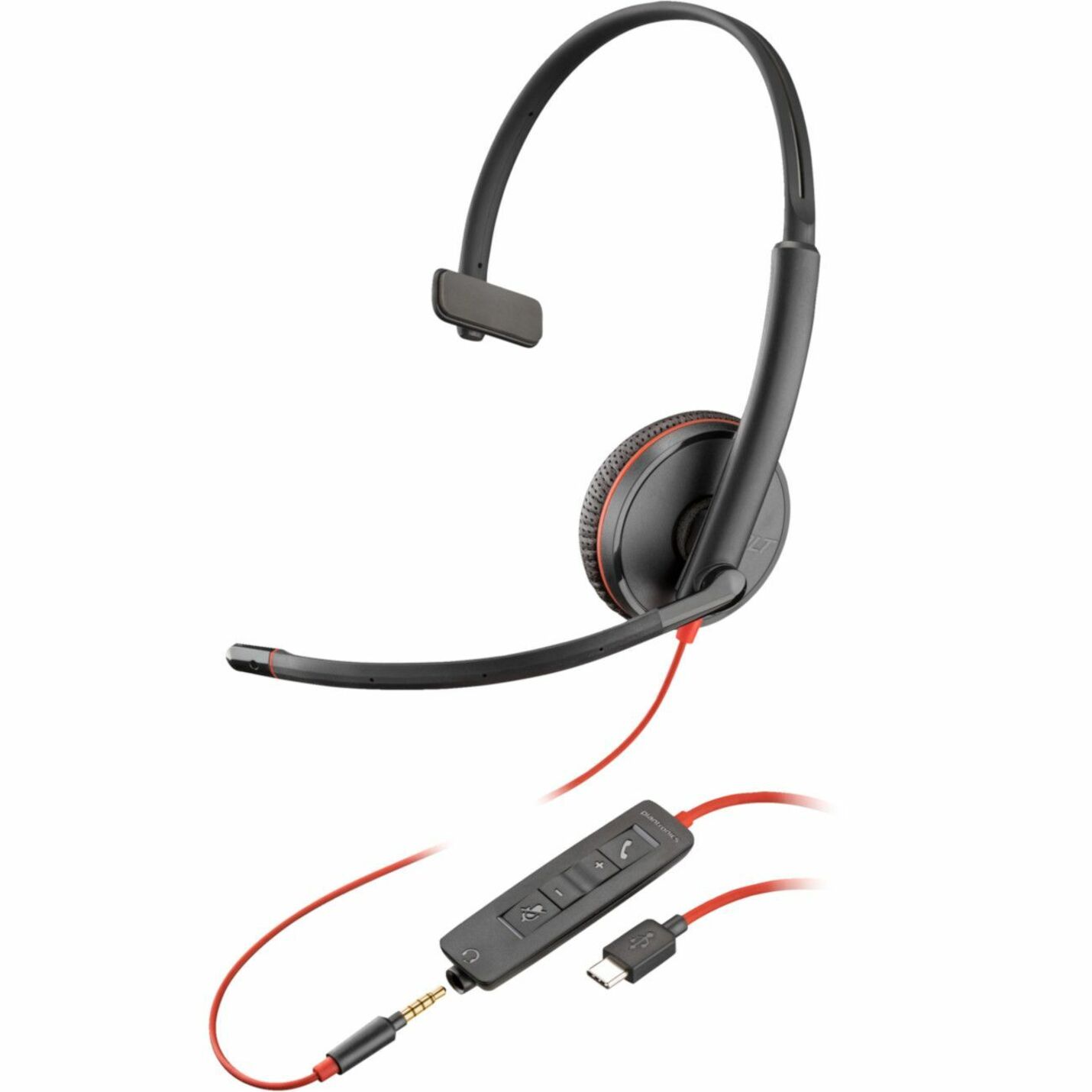 Poly Blackwire C3215 Monaural Headset + Carry Case - Mono - Mini-phone (3.5mm), USB Type C - Wired - 32 Ohm - 20 Hz to 20 kHz - Over-the-head, On-ear - Monaural - Ear-cup - 7.40 ft Cable - Noise Cancelling, Omni-directional Microphone - Noise Canceling - Black