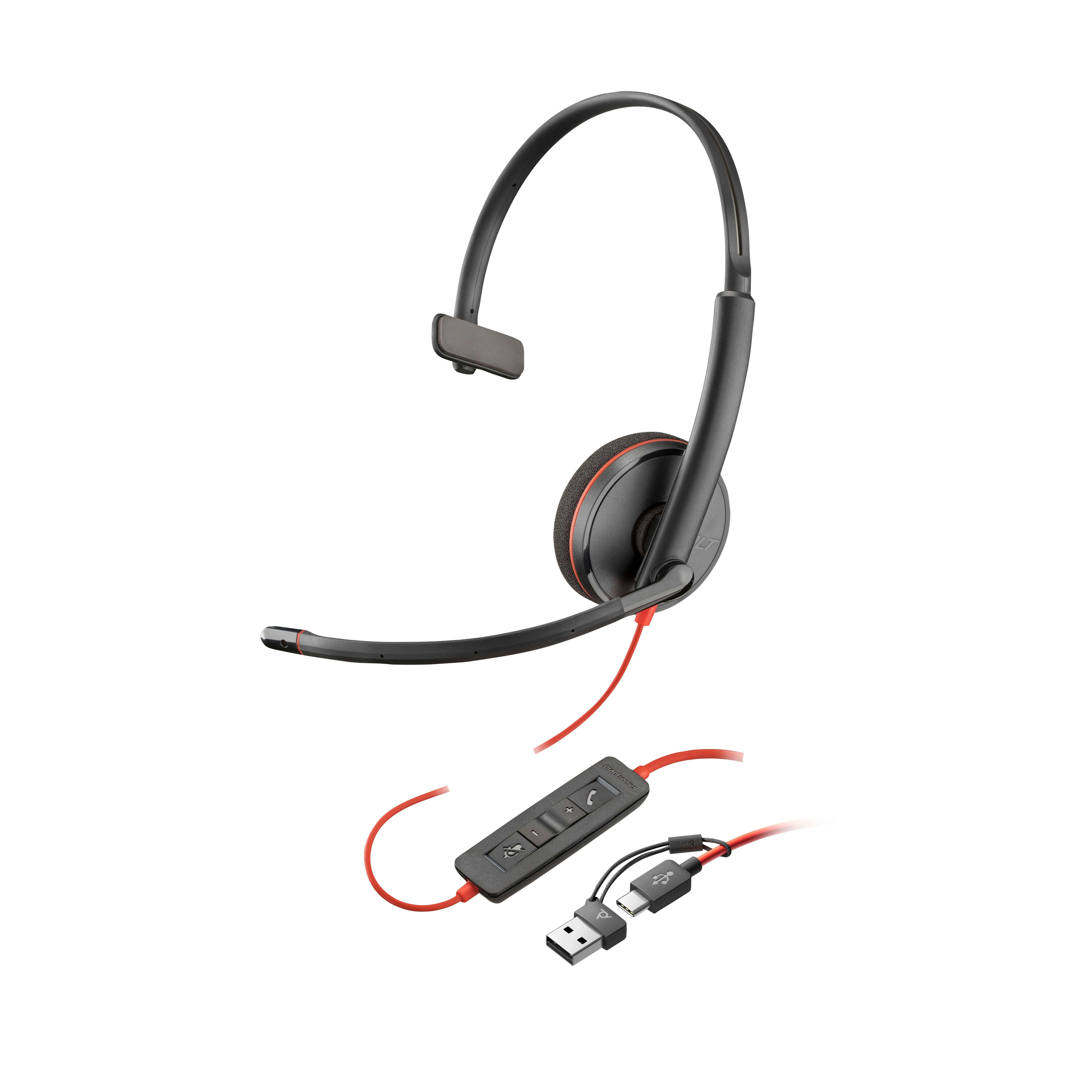Poly Blackwire 3210 Black Headset +USB-C/A Adapter TAA (Bulk) - Mono - USB Type C - Wired - 32 Ohm - On-ear - Monaural - 2.50 ft Cable - Omni-directional, Noise Cancelling Microphone - Black - TAA Compliant