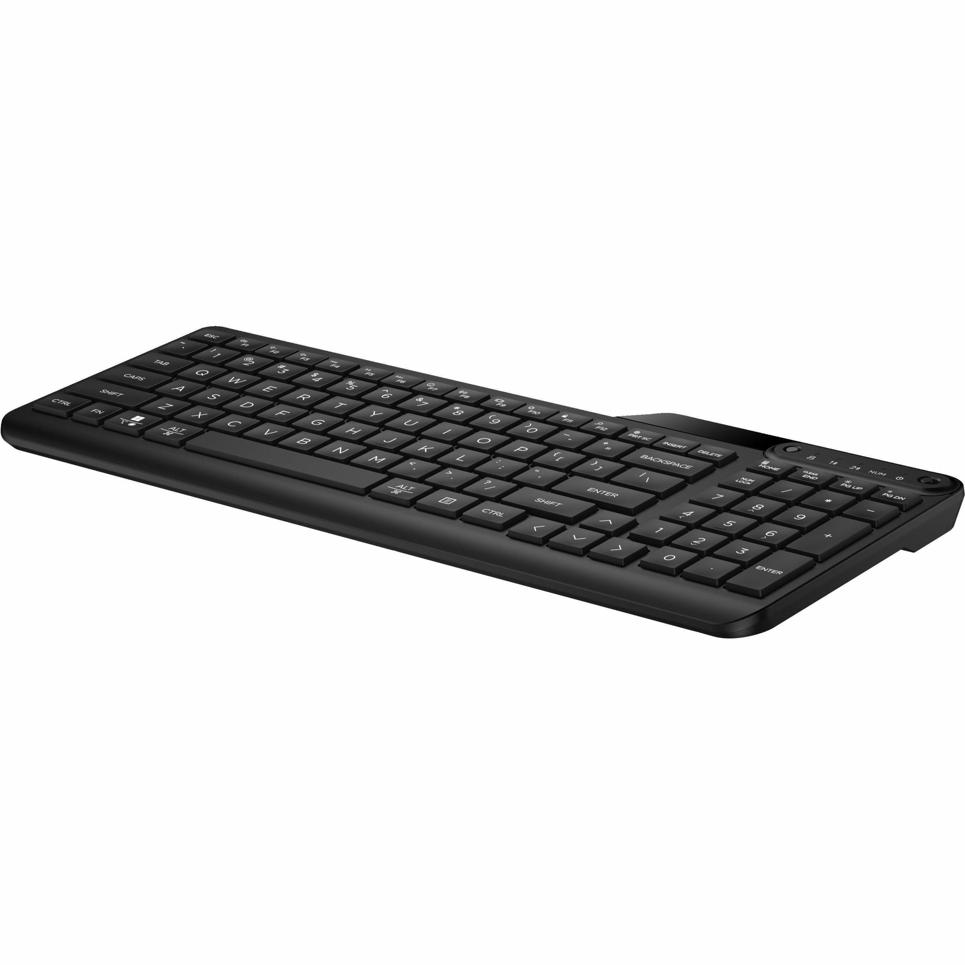 HP 475 Dual-Mode Wireless Keyboard - Wireless Connectivity - Bluetooth - Compact - 32.81 ft - 2.40 GHz - USB Type A Interface - Microphone Mute, Emoji, Language Switch Hot Key(s) - Windows 11, Windows 10, Mac OS, ChromeOS - English (US) - PC, Mac - Plunger Keyswitch - AA Battery Size Supported - Jet Black — left