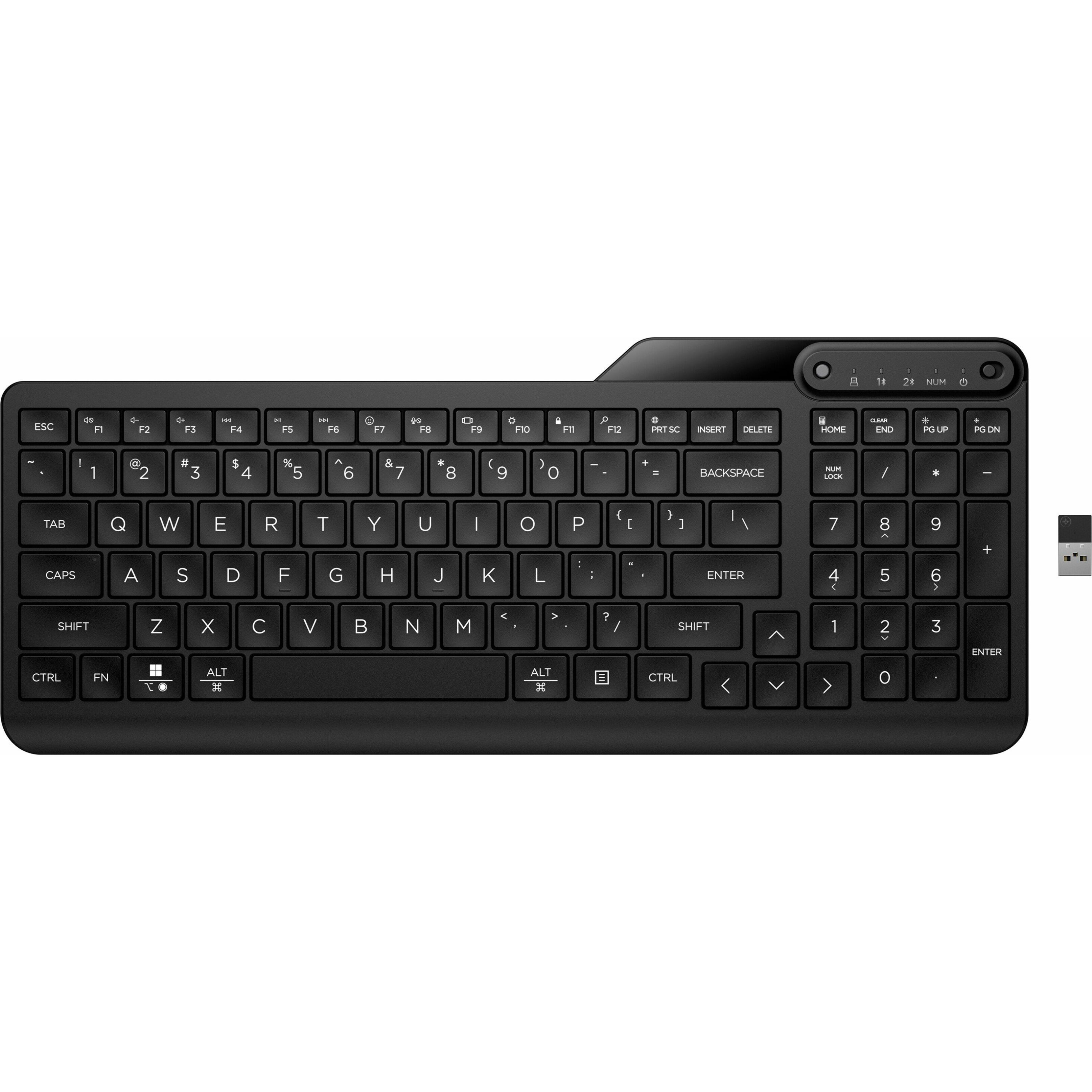 HP 475 Dual-Mode Wireless Keyboard - Wireless Connectivity - Bluetooth - Compact - 32.81 ft - 2.40 GHz - USB Type A Interface - Microphone Mute, Emoji, Language Switch Hot Key(s) - Windows 11, Windows 10, Mac OS, ChromeOS - English (US) - PC, Mac - Plunger Keyswitch - AA Battery Size Supported - Jet Black