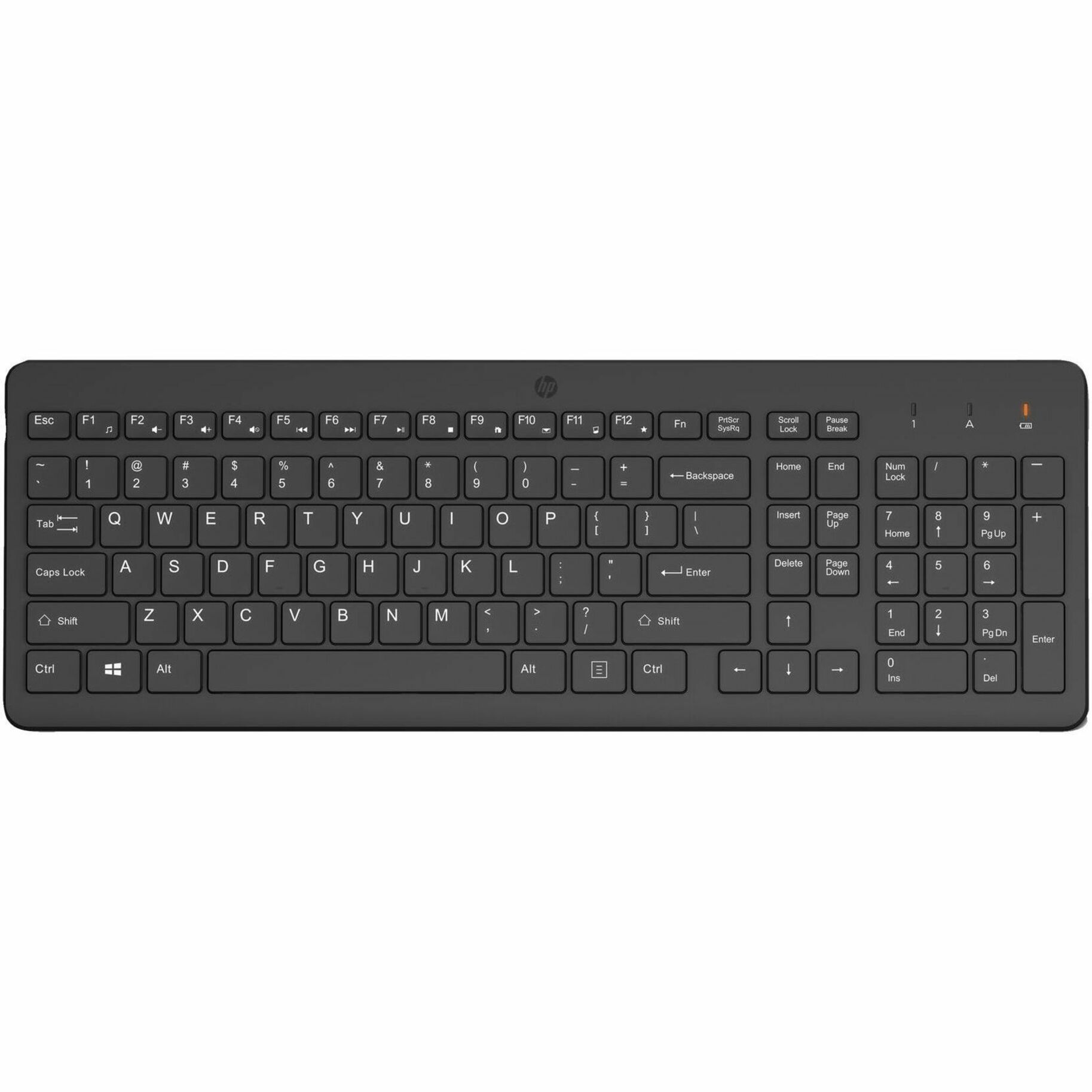HP 225 Keyboard - Wireless Connectivity - RF - Full-size - 32.81 ft - 2.40 GHz - Universal - Plunger Keyswitch - AAA Battery Size Supported - Black