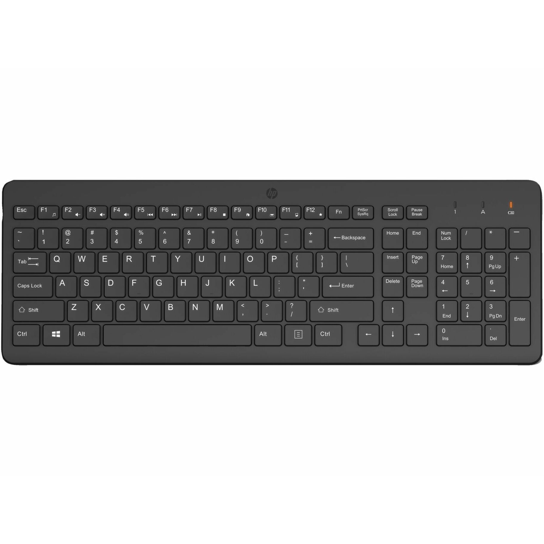 HP 225 Keyboard - Wireless Connectivity - RF - Full-size - 32.81 ft - 2.40 GHz - Universal - Plunger Keyswitch - AAA Battery Size Supported - Black