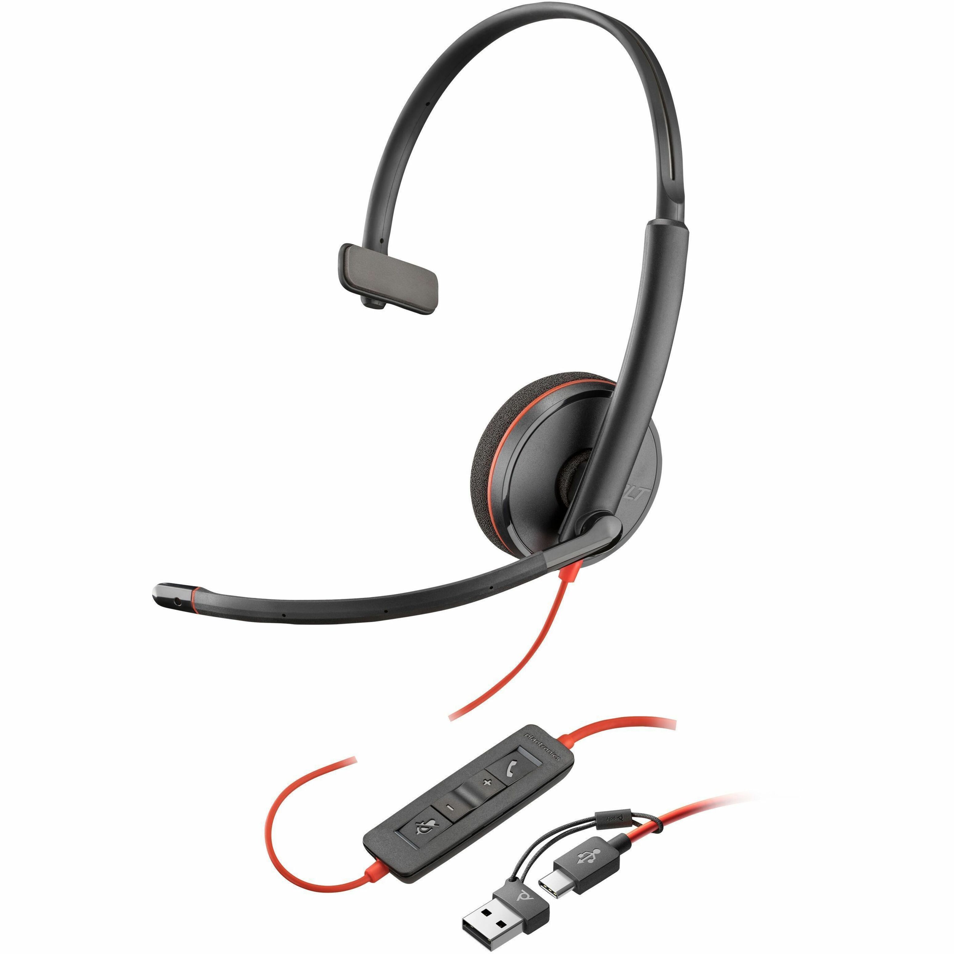Poly Blackwire 3210 Monaural USB-C Headset +USBC/A Adapter - Mono - USB Type C, Mini-phone (3.5mm) - Wired - 32 Ohm - On-ear - Monaural - Ear-cup - 5.20 ft Cable - Omni-directional Microphone - Noise Canceling - Black