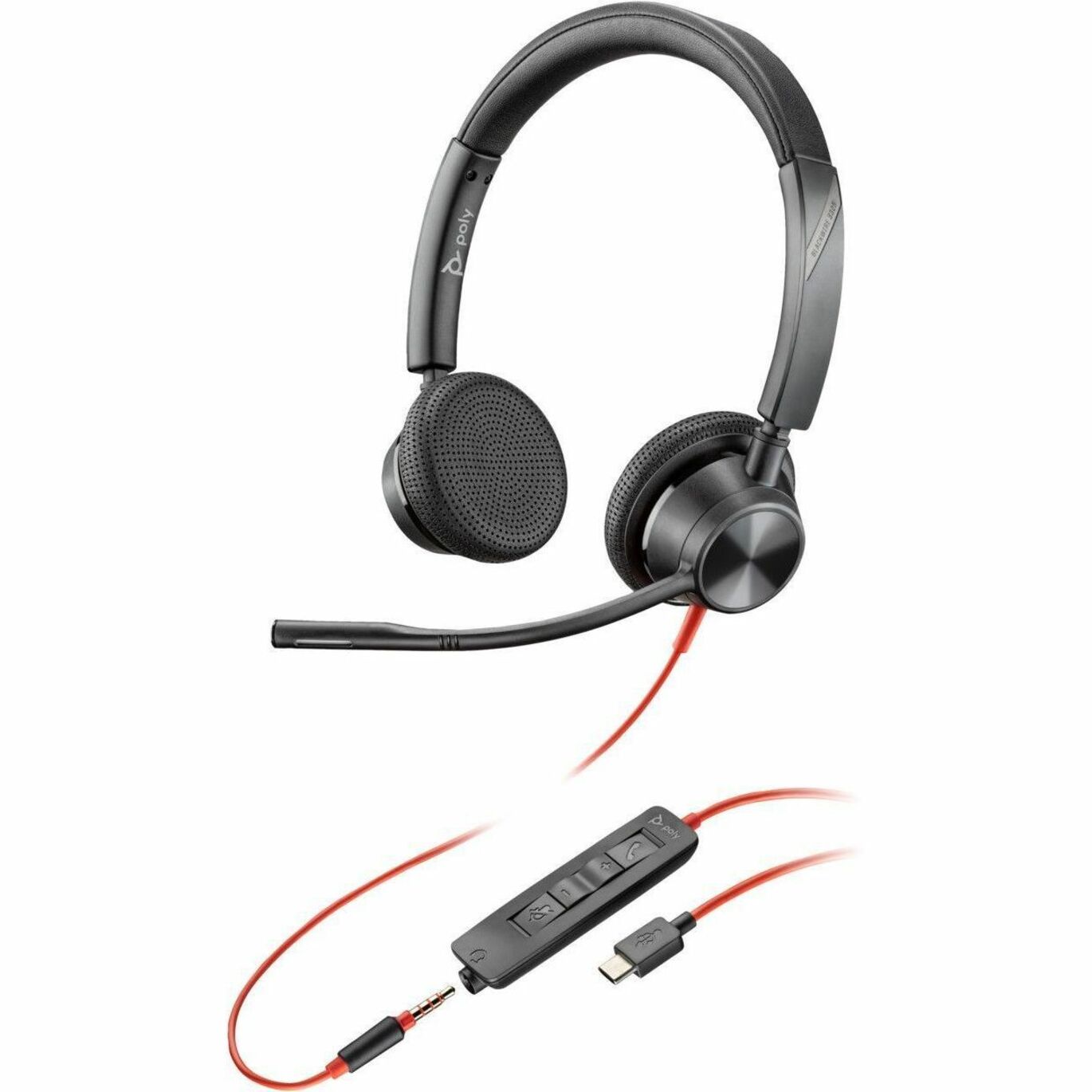 Poly Blackwire 3325 Stereo USB-C Headset +3.5mm Plug +USB-C/A Adapter - Stereo - USB Type C, Mini-phone (3.5mm) - Wired - 32 Ohm - 20 Hz to 20 kHz - On-ear - Binaural - Ear-cup - 7 ft Cable - Omni-directional, Noise Cancelling Microphone - Noise Canceling - Black