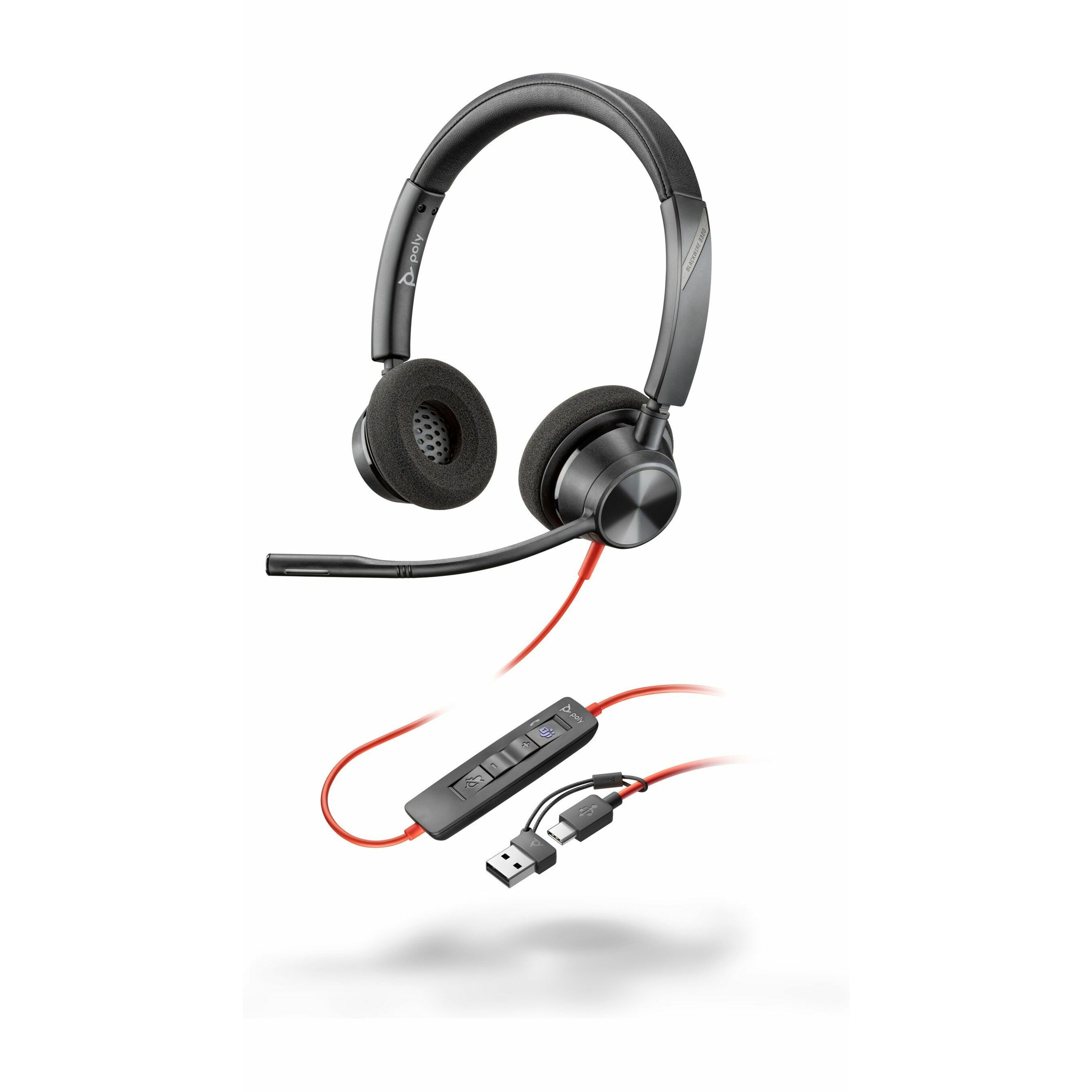 Poly Blackwire 3320 Stereo Microsoft Teams Certified USB-C Headset + USB-C/A Adapter - Microsoft Teams Certification - Stereo - USB Type C, Mini-phone (3.5mm) - Wired - 32 Ohm - 20 Hz to 20 kHz - On-ear, Over-the-head - Binaural - Supra-aural - 7.10 ft Cable - Omni-directional, Noise Cancelling Microphone - Black