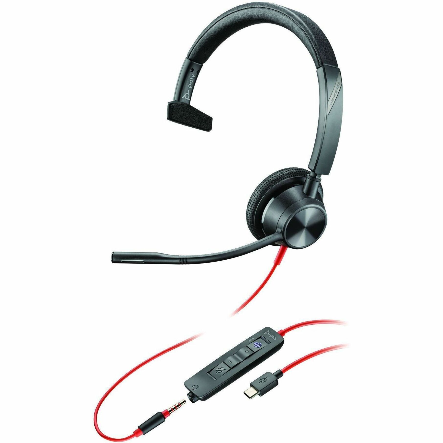 Poly Blackwire 3315 Headset - Microsoft Teams Certification - Mono - USB Type C, Mini-phone (3.5mm) - Wired - 32 Ohm - 20 Hz to 20 kHz - On-ear, Over-the-head - Monaural - Supra-aural - 7 ft Cable - Omni-directional, Noise Cancelling Microphone - Black