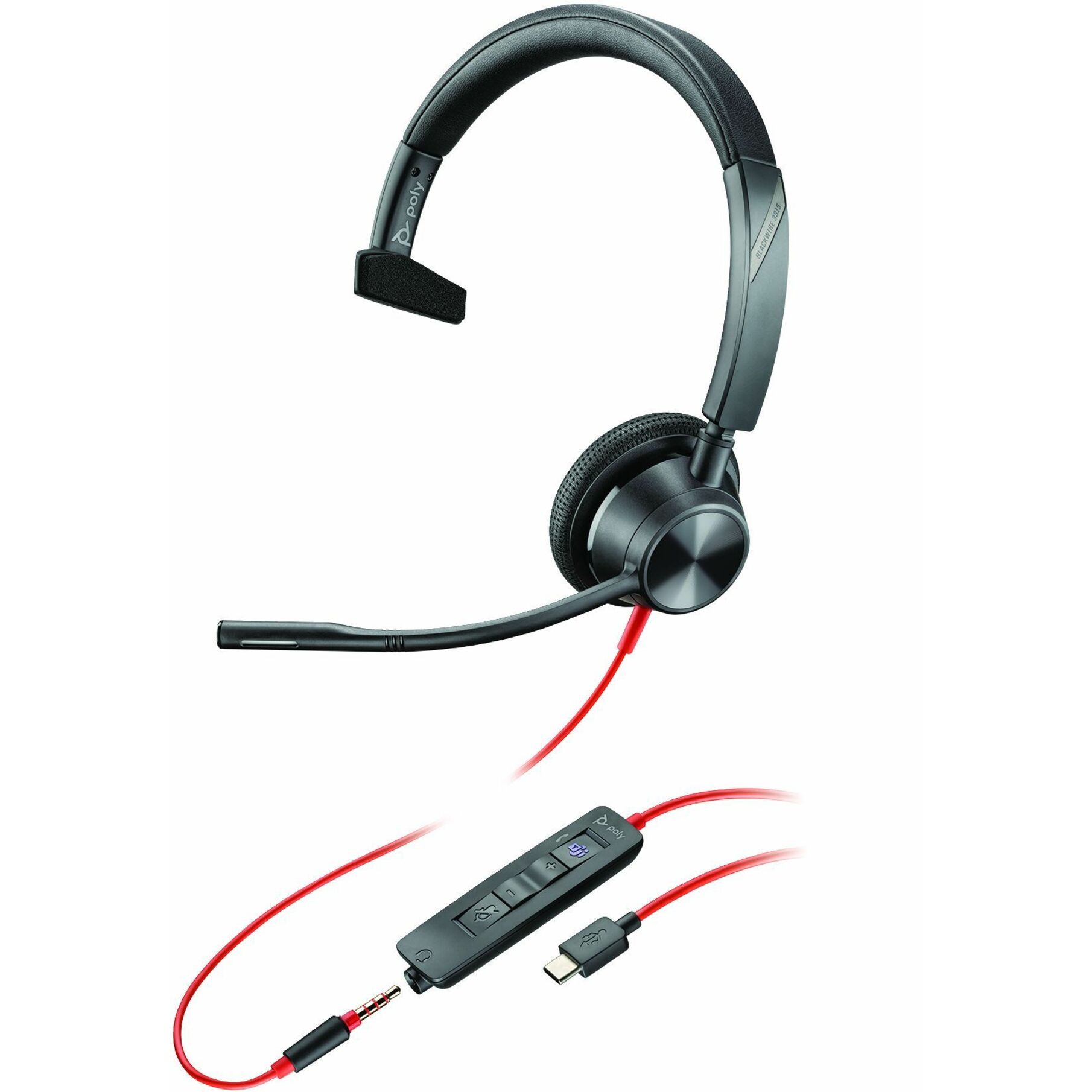 Poly Blackwire 3315 Headset - Microsoft Teams Certification - Mono - USB Type C, Mini-phone (3.5mm) - Wired - 32 Ohm - 20 Hz to 20 kHz - On-ear, Over-the-head - Monaural - Supra-aural - 7 ft Cable - Omni-directional, Noise Cancelling Microphone - Black
