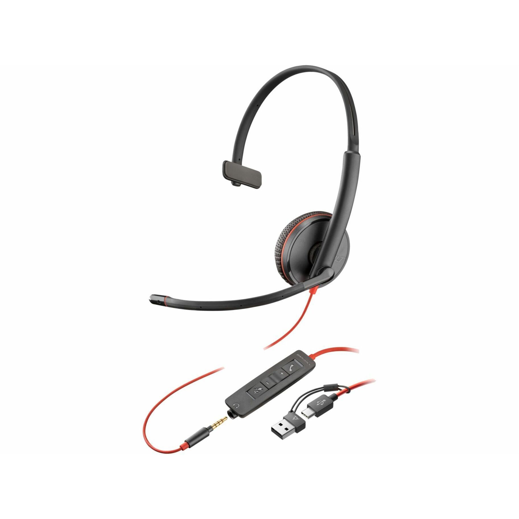 Poly Blackwire 3215 Monaural USB-C Headset + 3.5mm Plug + USB-C/A Adapter (Bulk) - Microsoft Teams Certification - Mono - USB Type C, Mini-phone (3.5mm) - Wired - 32 Ohm - On-ear - Monaural - Ear-cup - 7.40 ft Cable - Omni-directional Microphone - Noise Canceling - Black