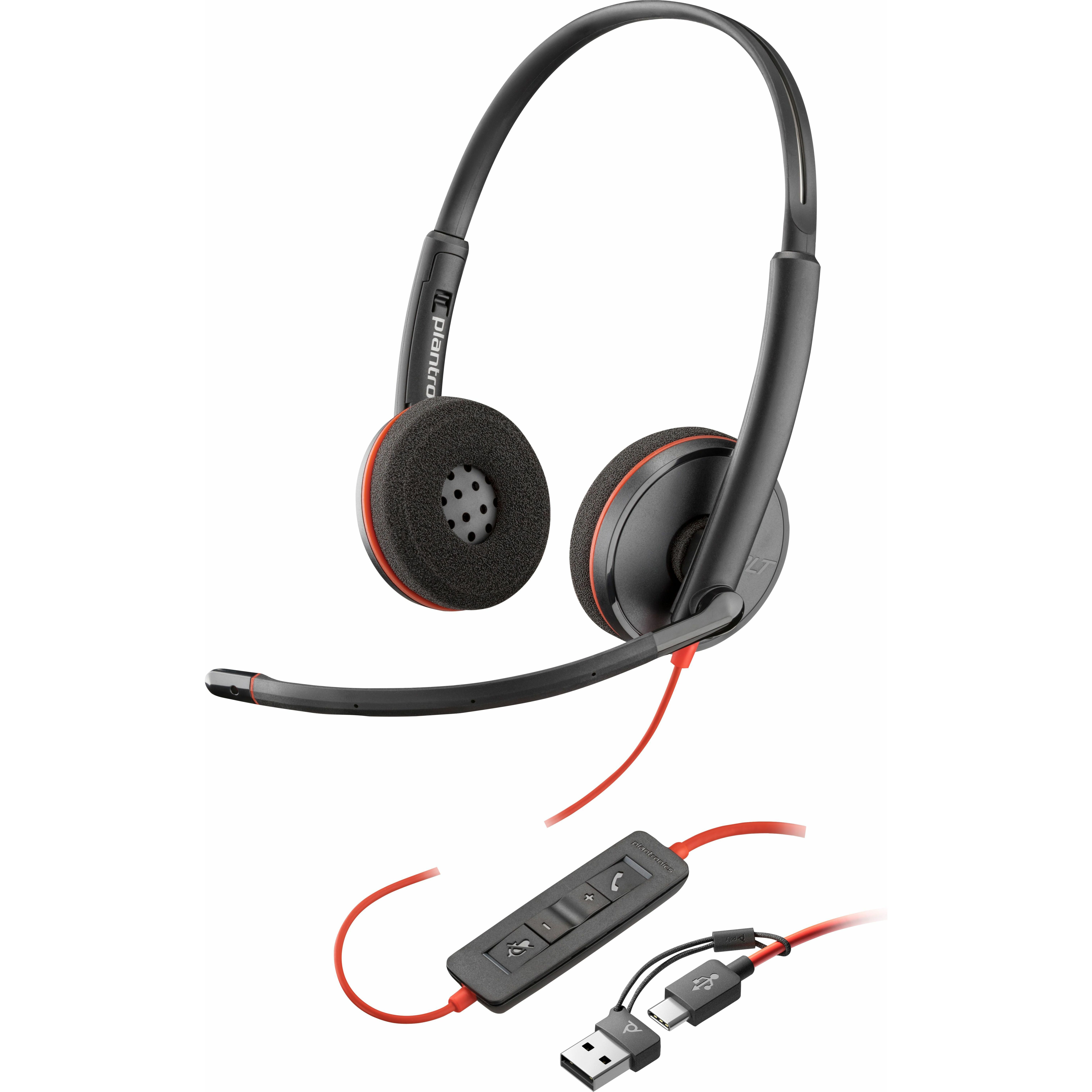 Poly Blackwire 3220 Stereo USB-C Headset + USB-C/A Adapter (Bulk) - Stereo - USB Type C, Mini-phone (3.5mm) - Wired - 32 Ohm - 20 Hz to 20 kHz - On-ear, Over-the-head - Binaural - Supra-aural - 5.20 ft Cable - Omni-directional, Noise Cancelling Microphone - Noise Canceling - Black