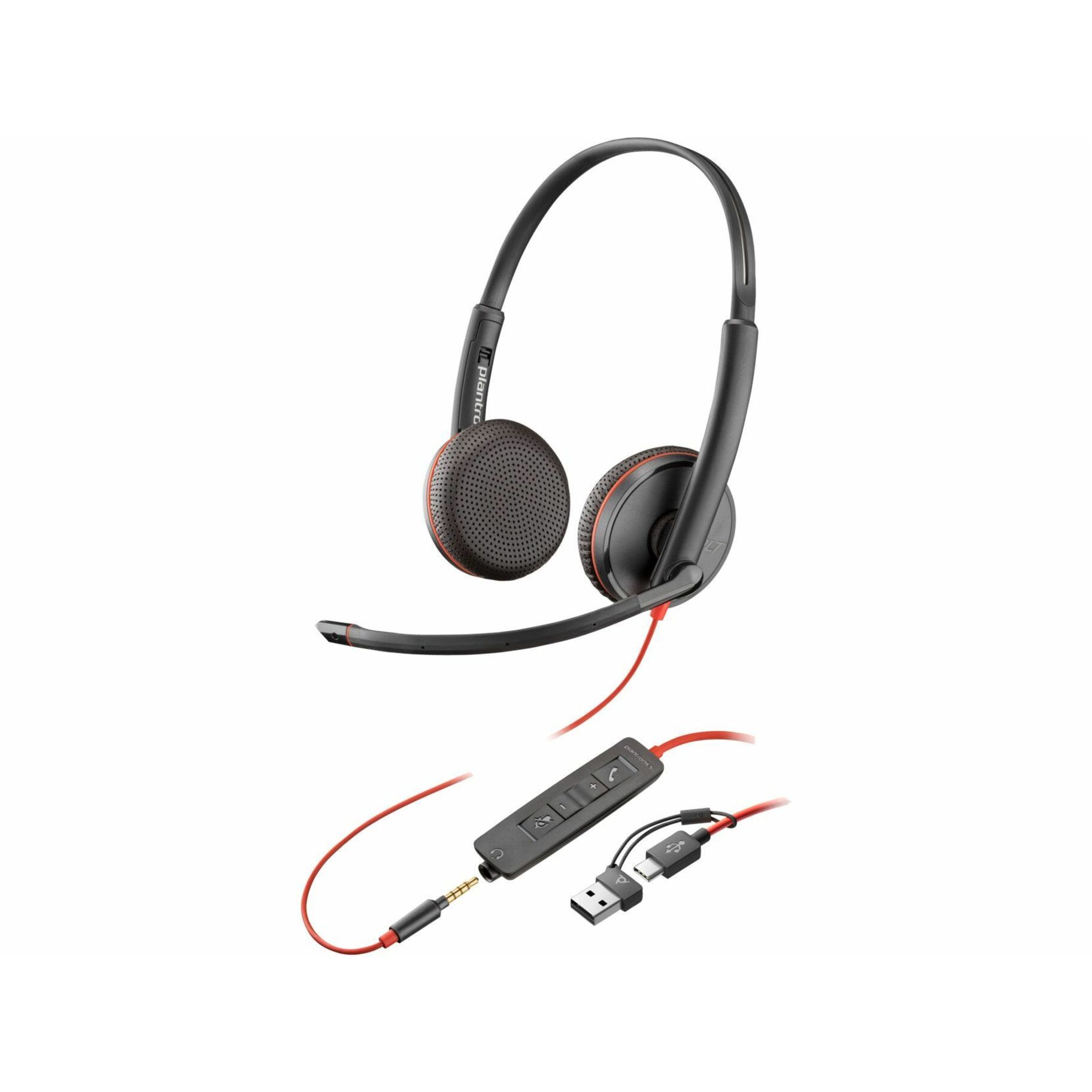 Poly Blackwire 3225 Stereo USB-C Headset + 3.5mm Plug + USB-C/A Adapter - Stereo - USB Type C, Mini-phone (3.5mm) - Wired - 32 Ohm - 20 Hz to 20 kHz - On-ear, Over-the-head - Binaural - Supra-aural - 7.40 ft Cable - Omni-directional, Noise Cancelling Microphone - Black