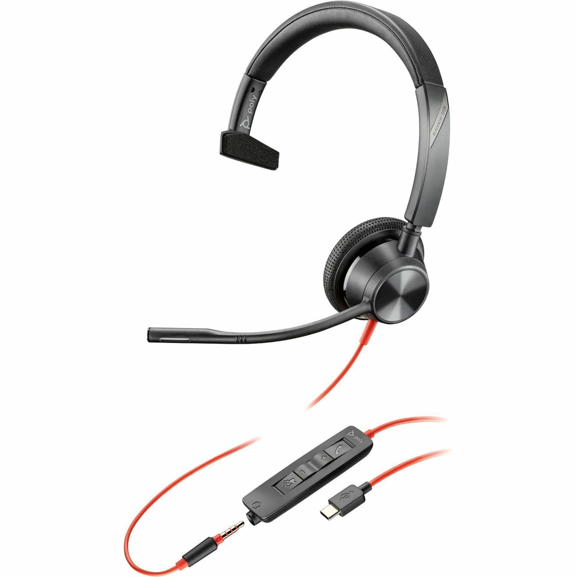 Poly Blackwire 3315 Headset +USB-C/A Adapter TAA - Mono - Mini-phone (3.5mm), USB Type C - Wired - 32 Ohm - 20 Hz to 20 kHz - On-ear - Monaural - Ear-cup - 7.10 ft Cable - Omni-directional Microphone - Noise Canceling - Black - TAA Compliant