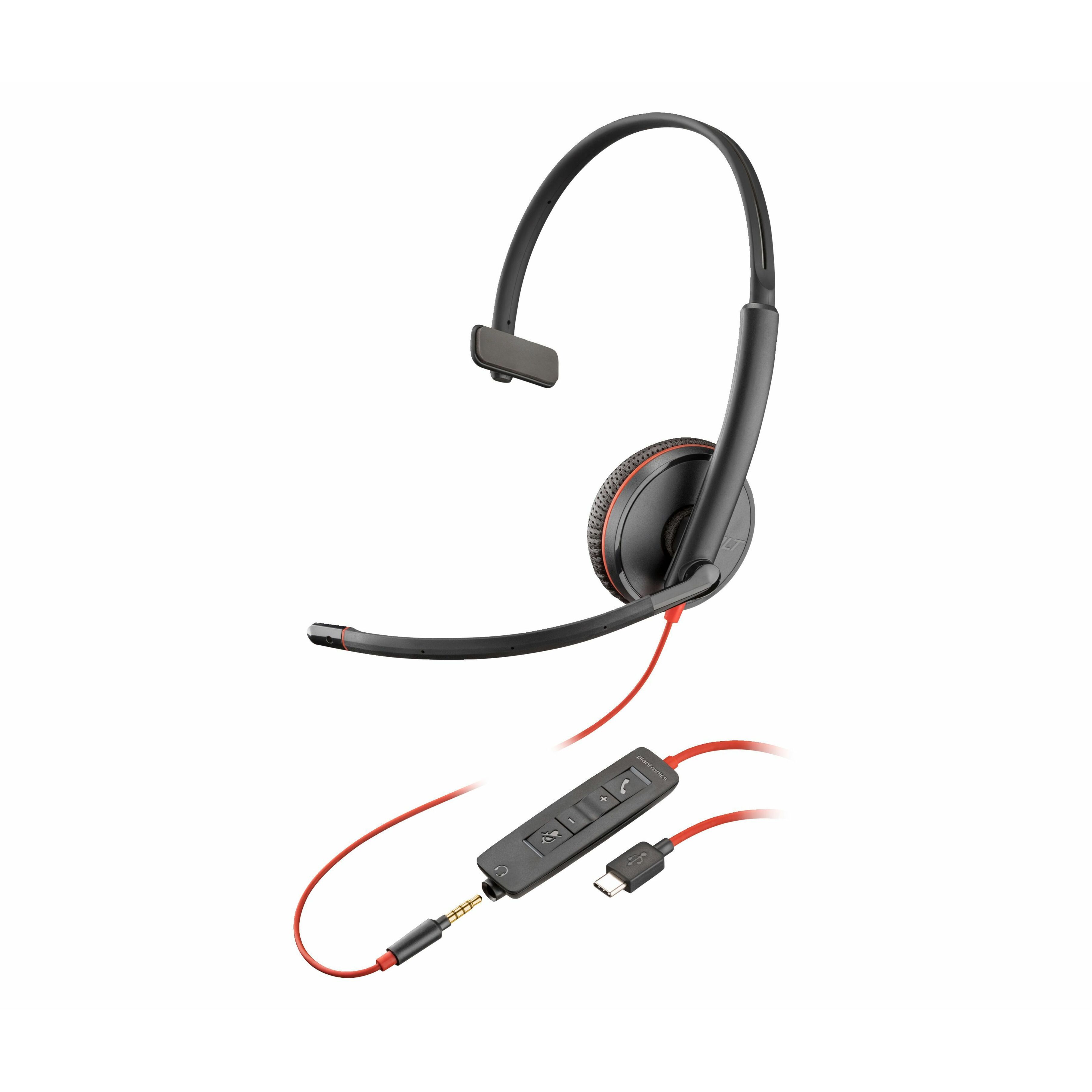 Poly Blackwire 3215 Monaural Headset +USB-C/A Adapter TAA - Mono - Mini-phone (3.5mm), USB Type C - Wired - 32 Ohm - On-ear, Over-the-head - Monaural - Supra-aural - 7.40 ft Cable - Omni-directional Microphone - Noise Canceling - Black - TAA Compliant