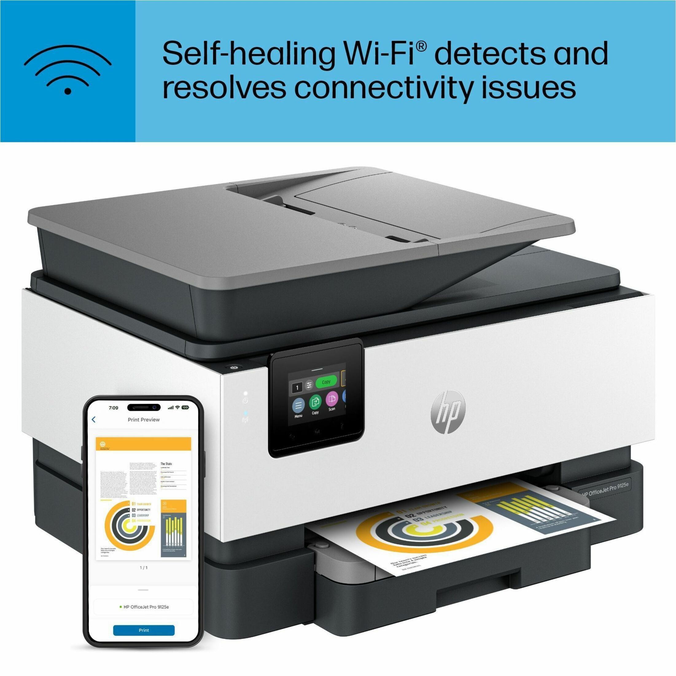 HP Officejet Pro 9125e Wired & Wireless Inkjet Multifunction Printer - Copier/Fax/Printer/Scanner - 1200 x 1200 dpi Print - Automatic Duplex Print - Up to 25000 Pages Monthly - Ethernet - Wireless LAN - Apple AirPrint, ChromeOS, HP Smart App, Wi-Fi Direct, Mopria - USB - For Plain Paper Print — alternate image10