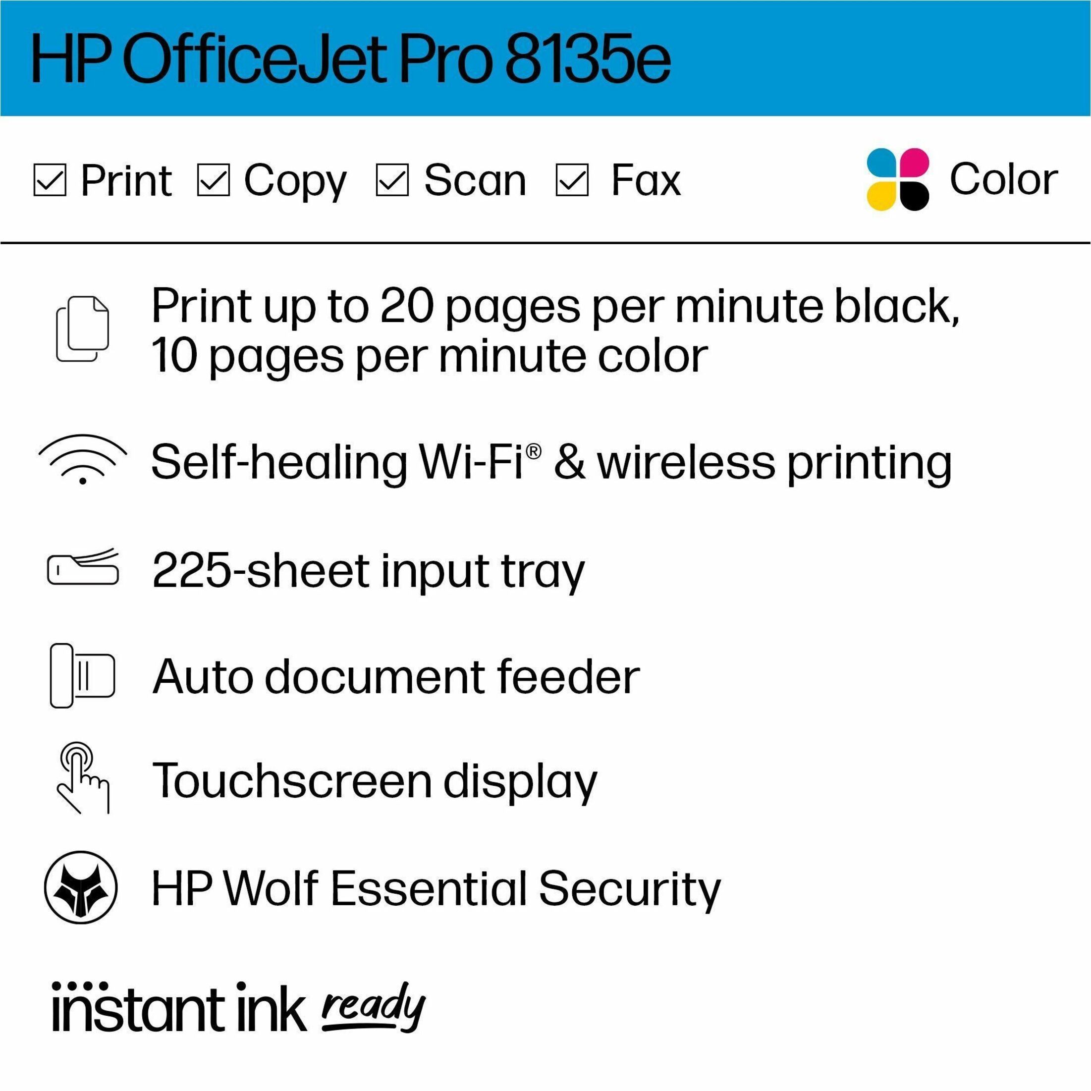 HP Officejet Pro 8135e Wired & Wireless Inkjet Multifunction Printer - Copier/Fax/Printer/Scanner - 1200 x 1200 dpi Print - Automatic Duplex Print - Up to 20000 Pages Monthly - Ethernet - Wireless LAN - Apple AirPrint, ChromeOS, HP Smart App, Wi-Fi Direct, Mopria - USB - For Plain Paper Print — alternate image13