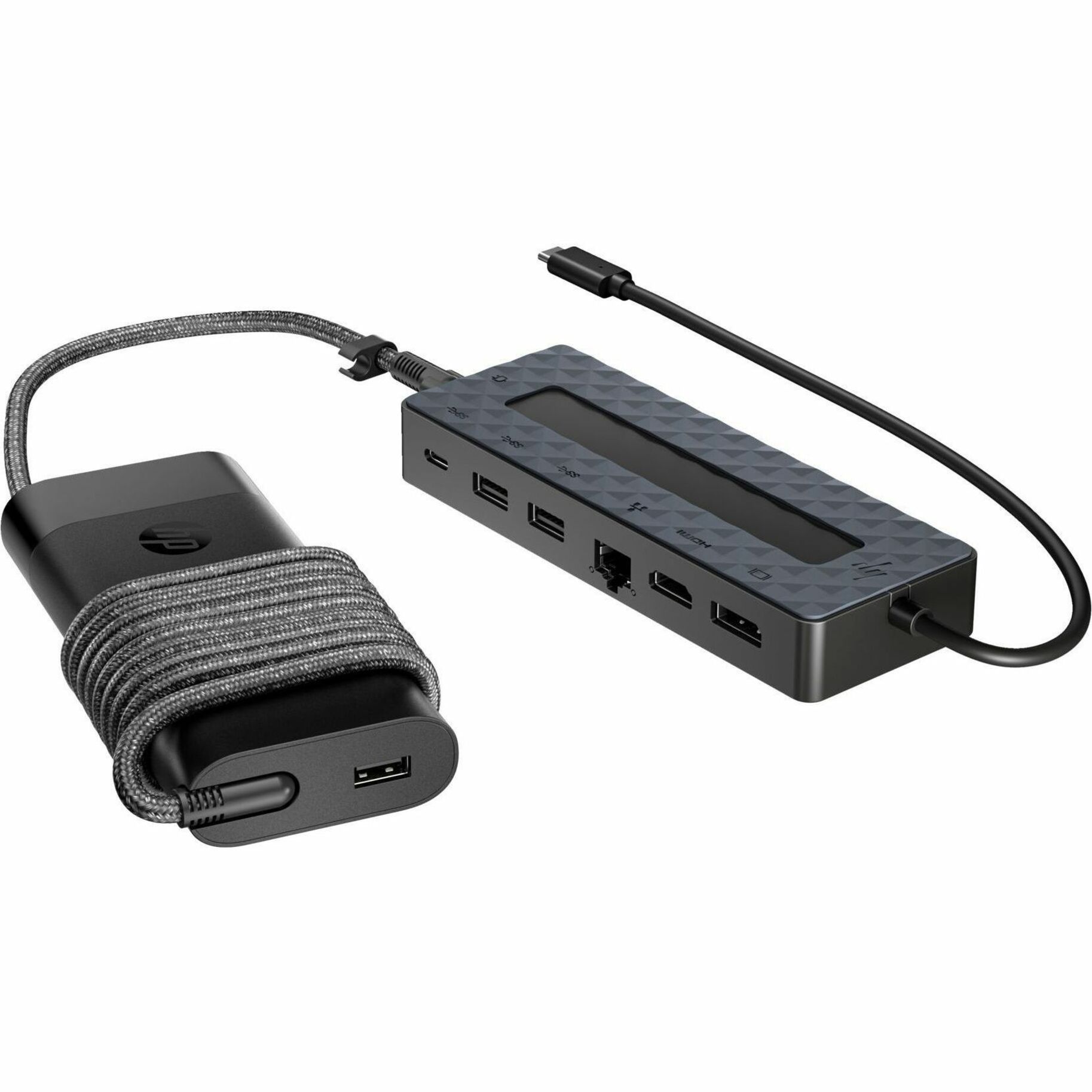 HP Universal USB-C Hub and Laptop Charger Combo - for Monitor, Tablet, Notebook, Desktop PC - Charging Capability - 100 W - USB Type C - 2 Displays Supported - 4K, 4K UHD - 3840 x 2160 - 4 x USB Ports - 2 x USB Type-A Ports - USB Type-A - 2 x USB Type-C Ports - USB Type-C - 1 x RJ-45 Ports - Network (RJ-45) - 1 x HDMI Ports - HDMI - 1 x DisplayPorts - DisplayPort - Black - Wired - Ethernet - Windows 10, Windows 11, macOS, ChromeOS - 65W — alternate image1