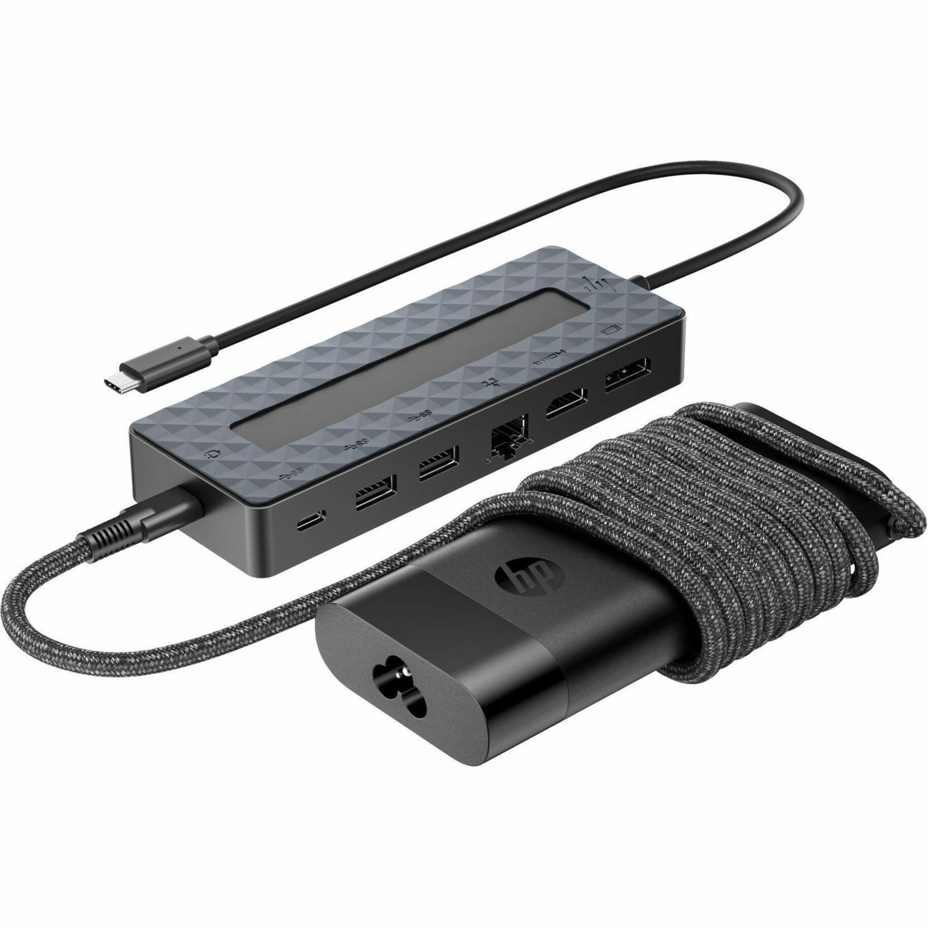 HP Universal USB-C Hub and Laptop Charger Combo - for Monitor, Tablet, Notebook, Desktop PC - Charging Capability - 100 W - USB Type C - 2 Displays Supported - 4K, 4K UHD - 3840 x 2160 - 4 x USB Ports - 2 x USB Type-A Ports - USB Type-A - 2 x USB Type-C Ports - USB Type-C - 1 x RJ-45 Ports - Network (RJ-45) - 1 x HDMI Ports - HDMI - 1 x DisplayPorts - DisplayPort - Black - Wired - Ethernet - Windows 10, Windows 11, macOS, ChromeOS - 65W — alternate image2