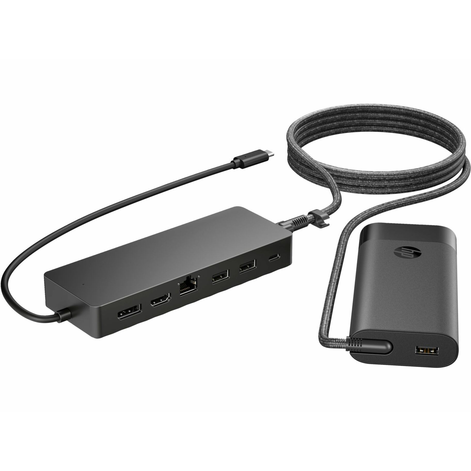 HP Universal USB-C Hub and Laptop Charger Combo - for Monitor, Tablet, Notebook, Desktop PC - Charging Capability - 100 W - USB Type C - 2 Displays Supported - 4K, 4K UHD - 3840 x 2160 - 4 x USB Ports - 2 x USB Type-A Ports - USB Type-A - 2 x USB Type-C Ports - USB Type-C - 1 x RJ-45 Ports - Network (RJ-45) - 1 x HDMI Ports - HDMI - 1 x DisplayPorts - DisplayPort - Black - Wired - Ethernet - Windows 10, Windows 11, macOS, ChromeOS - 65W