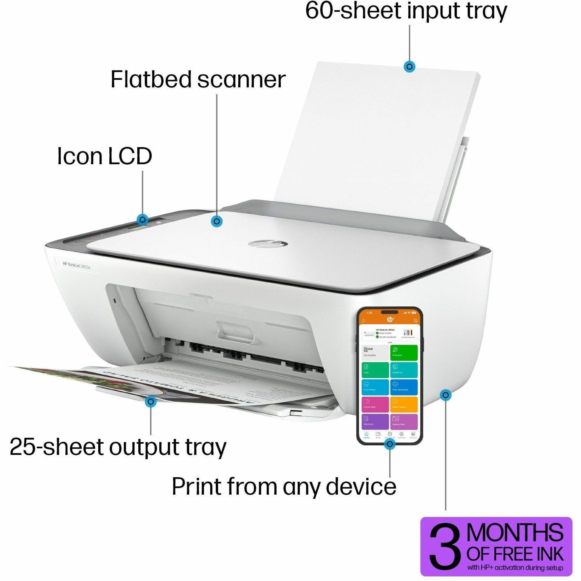 HP Deskjet 2855e Wireless Inkjet Multifunction Printer - Color - Copier/Printer/Scanner - 20 ppm Mono/16 ppm Color Print - 4800 x 1200 dpi Print - Manual Duplex Print - Up to 1000 Pages Monthly - Color Flatbed/ADF Scanner - 1200 dpi Optical Scan - Wireless LAN - Apple AirPrint, ChromeOS, Mopria - USB - For Plain Paper Print — alternate image5