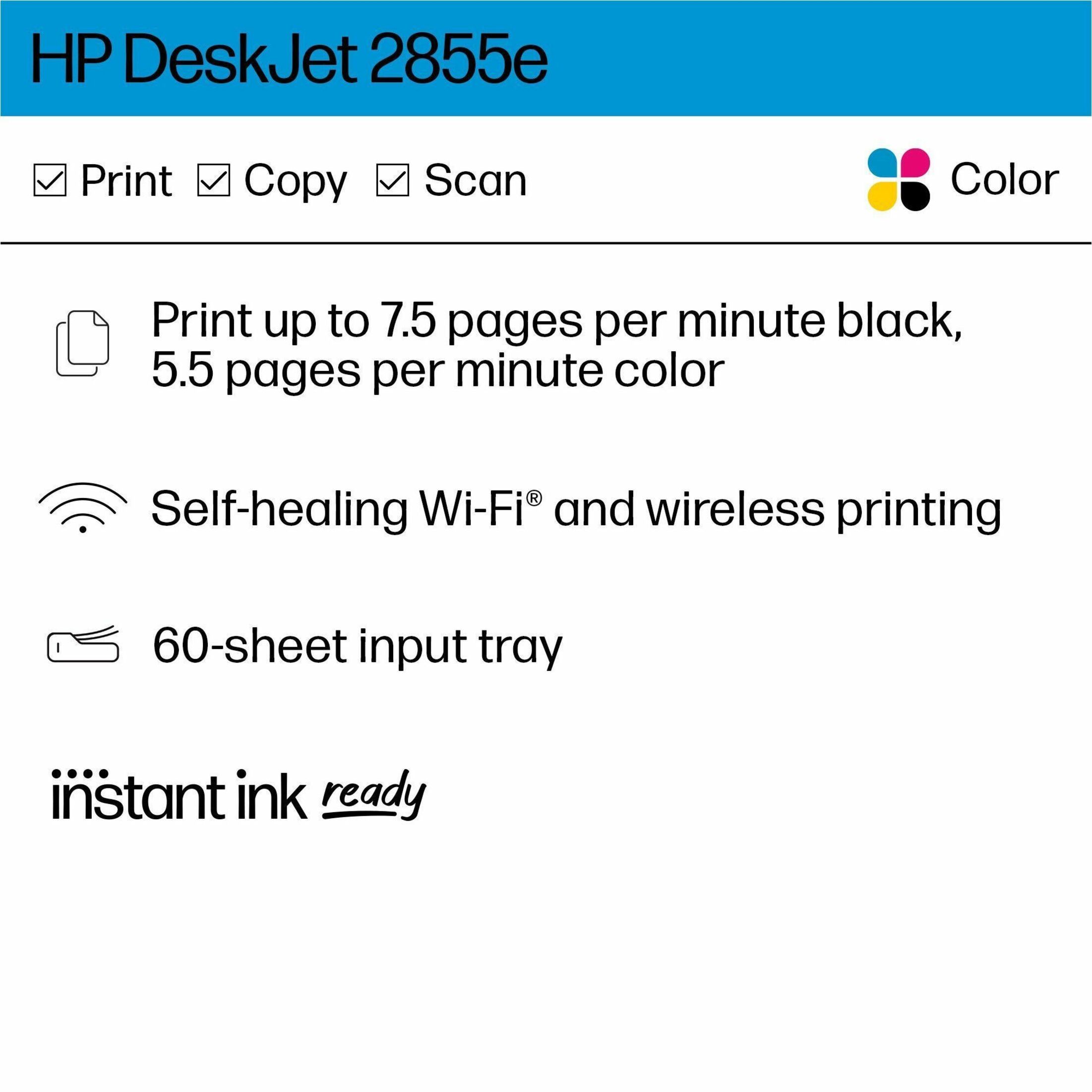 HP Deskjet 2855e Wireless Inkjet Multifunction Printer - Color - Copier/Printer/Scanner - 20 ppm Mono/16 ppm Color Print - 4800 x 1200 dpi Print - Manual Duplex Print - Up to 1000 Pages Monthly - Color Flatbed/ADF Scanner - 1200 dpi Optical Scan - Wireless LAN - Apple AirPrint, ChromeOS, Mopria - USB - For Plain Paper Print — alternate image6