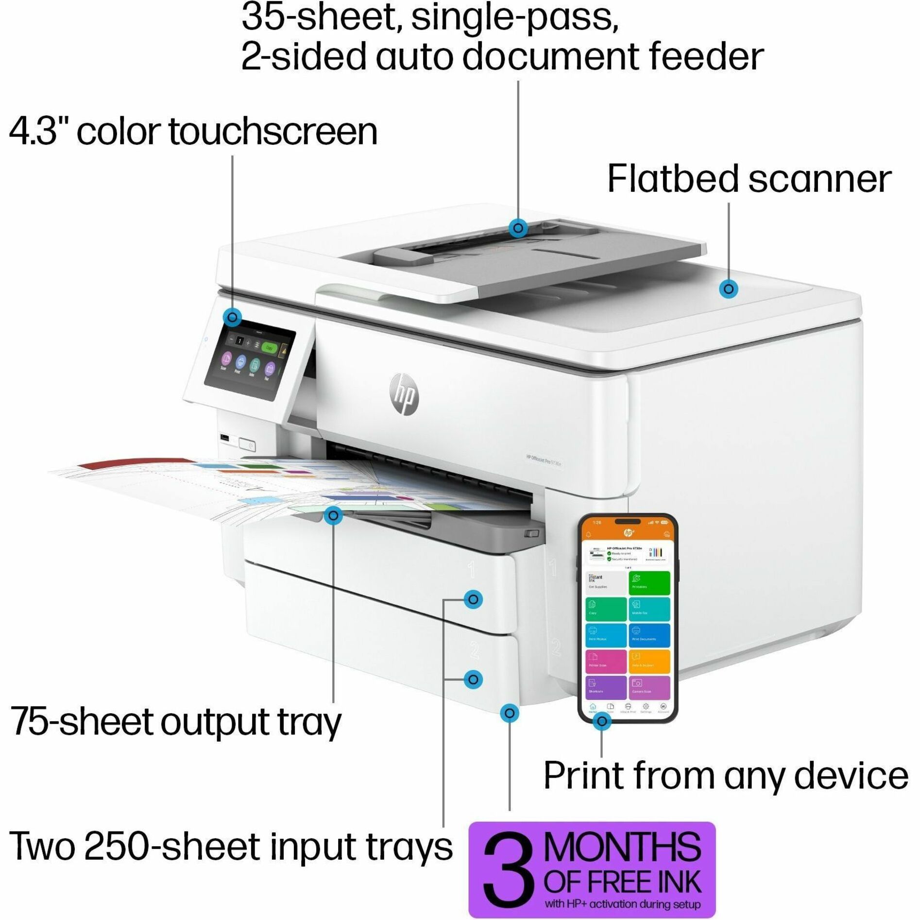 HP Officejet Pro 9730e Wired & Wireless Inkjet Multifunction Printer - Color - Copier/Printer/Scanner - 4800 x 1200 dpi Print - Automatic Duplex Print - Up to 30000 Pages Monthly - Color Flatbed, ADF, CIS Scanner - 1200 dpi Optical Scan - Ethernet - Wireless LAN - Apple AirPrint, Mopria, HP Smart App, ChromeOS, Wi-Fi Direct - USB - For Plain Paper Print — alternate image6