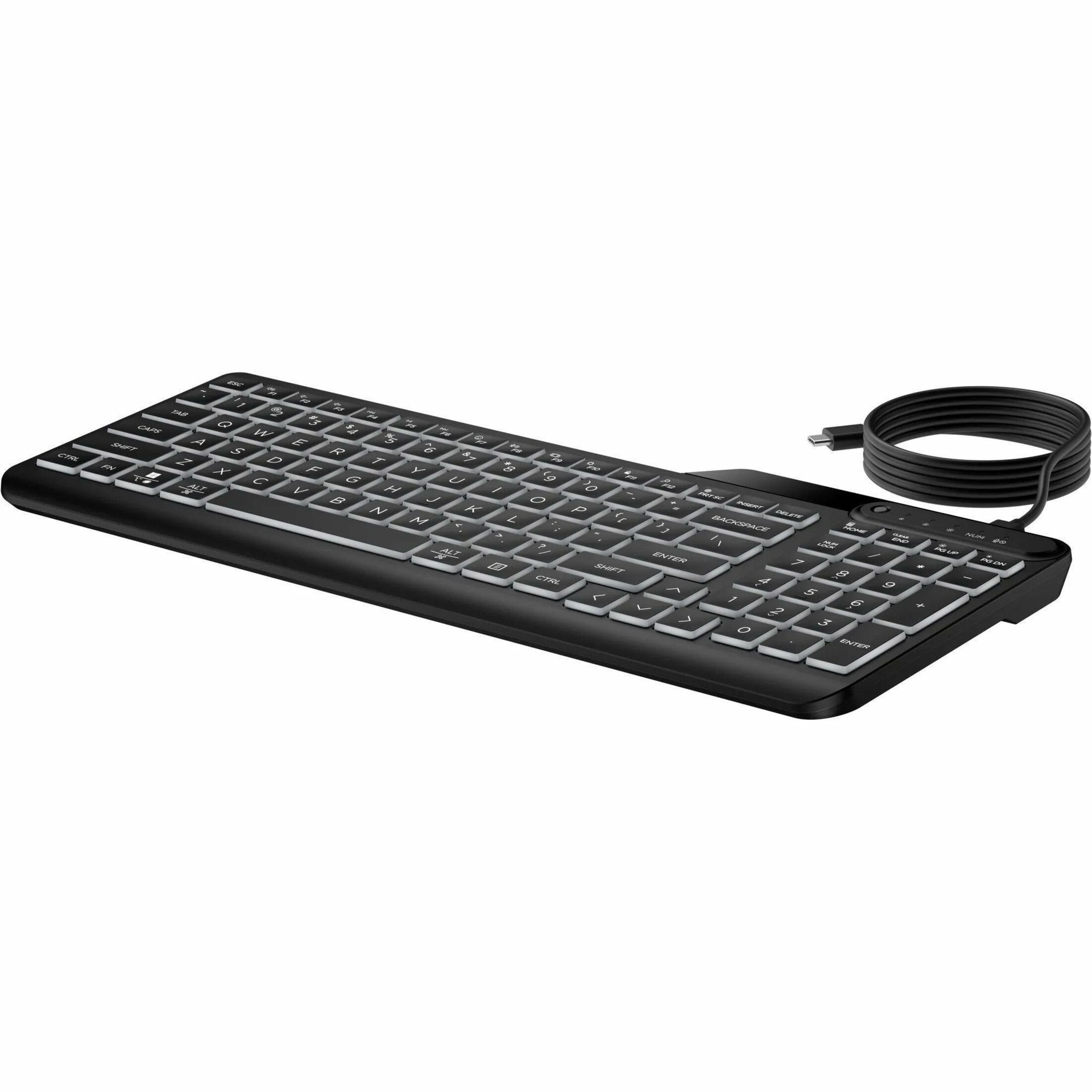 HP 405 Backlit Wired Keyboard (7N7C1AA) - Cable Connectivity - Full-size - USB Type C Interface - LED - 20 Hot Key(s) - Microphone Mute, Emoji, Language Switch Hot Key(s) - Windows 10, Windows 11, ChromeOS, Mac OS - English (Canada), English (US) - PC, Mac - Plunger Keyswitch - Black — left