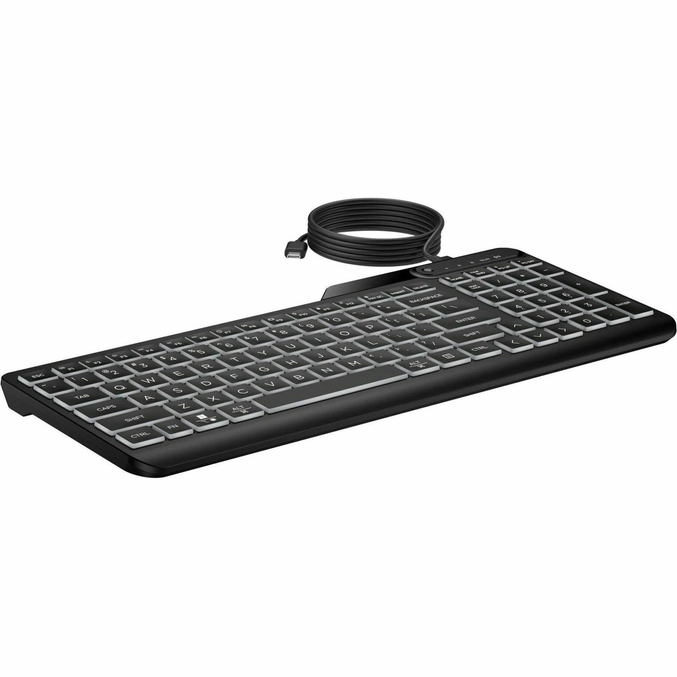 HP 405 Backlit Wired Keyboard (7N7C1AA) - Cable Connectivity - Full-size - USB Type C Interface - LED - 20 Hot Key(s) - Microphone Mute, Emoji, Language Switch Hot Key(s) - Windows 10, Windows 11, ChromeOS, Mac OS - English (Canada), English (US) - PC, Mac - Plunger Keyswitch - Black