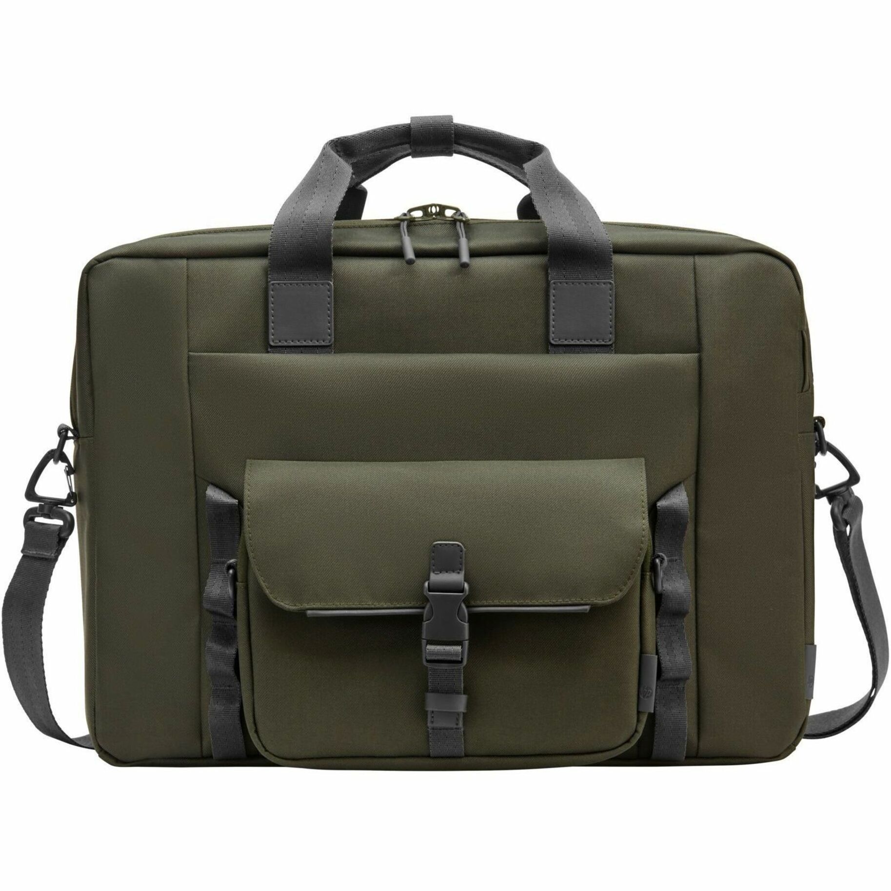 HP Carrying Case (Messenger) for 15.6" Notebook - Gray, Green - Water Resistant, RFID Resistant - Plastic, Polyethylene Foam Body - D-ring, Luggage Strap, Trolley Strap, Shoulder Strap, Handle - 5.81 gal Volume Capacity — front